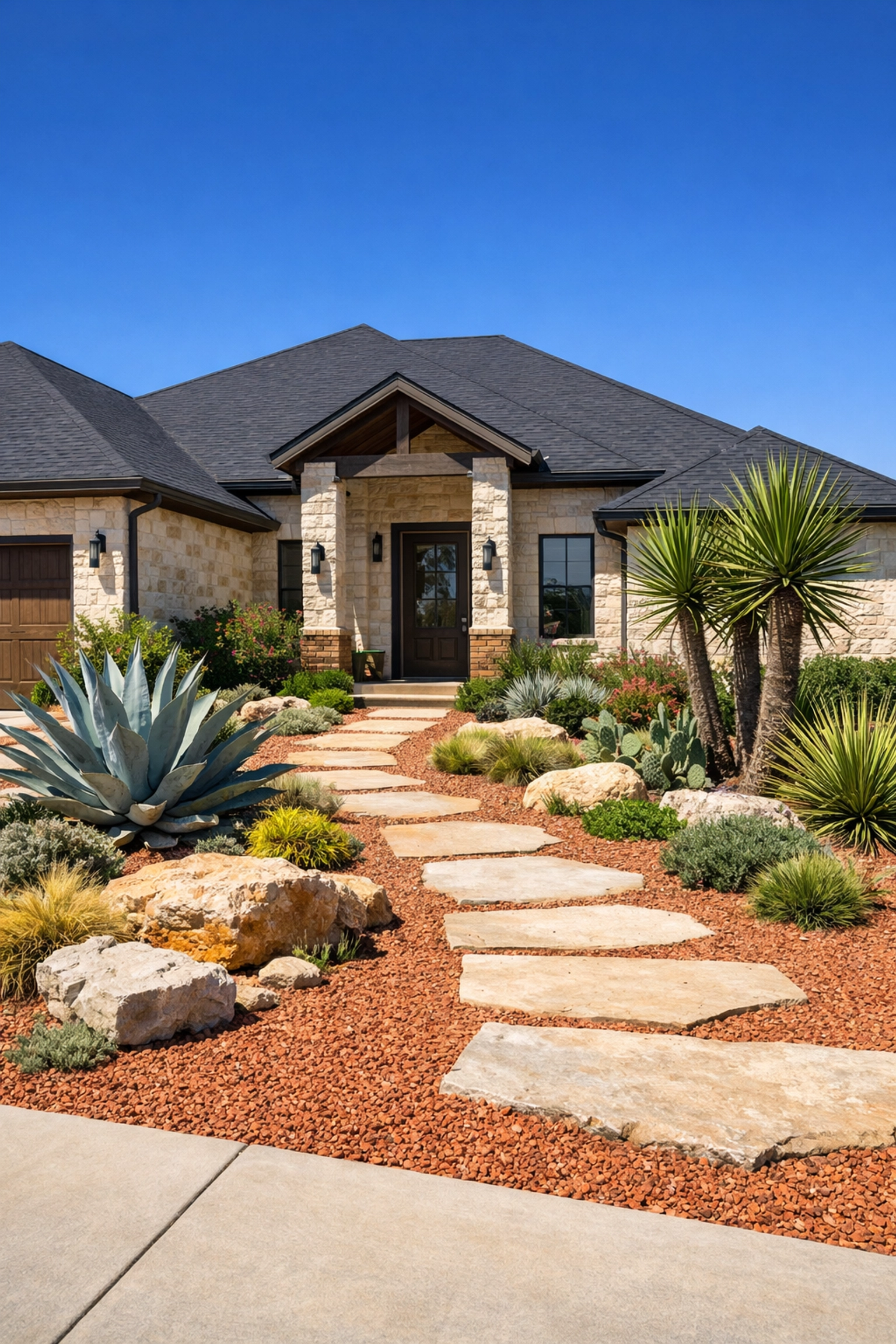A modern suburban home in San Antonio, TX with drought-resistant landscaping for new buyers.