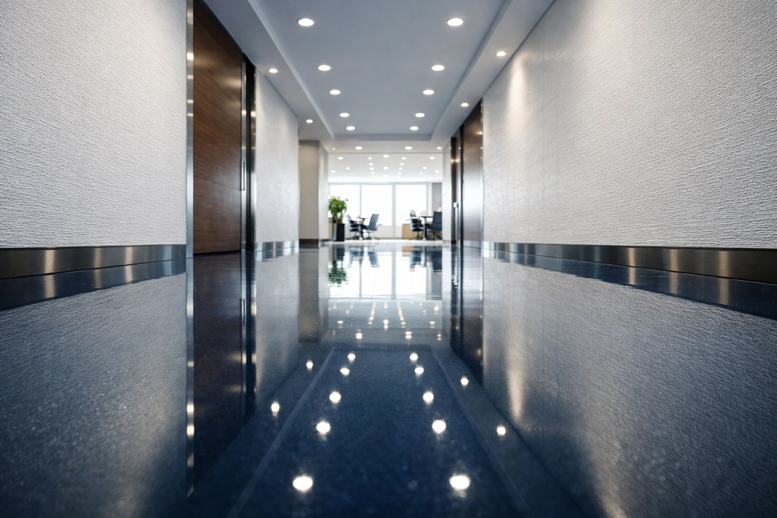 Polished corporate hallway with high-gloss floors showcasing professional commercial cleaning results.