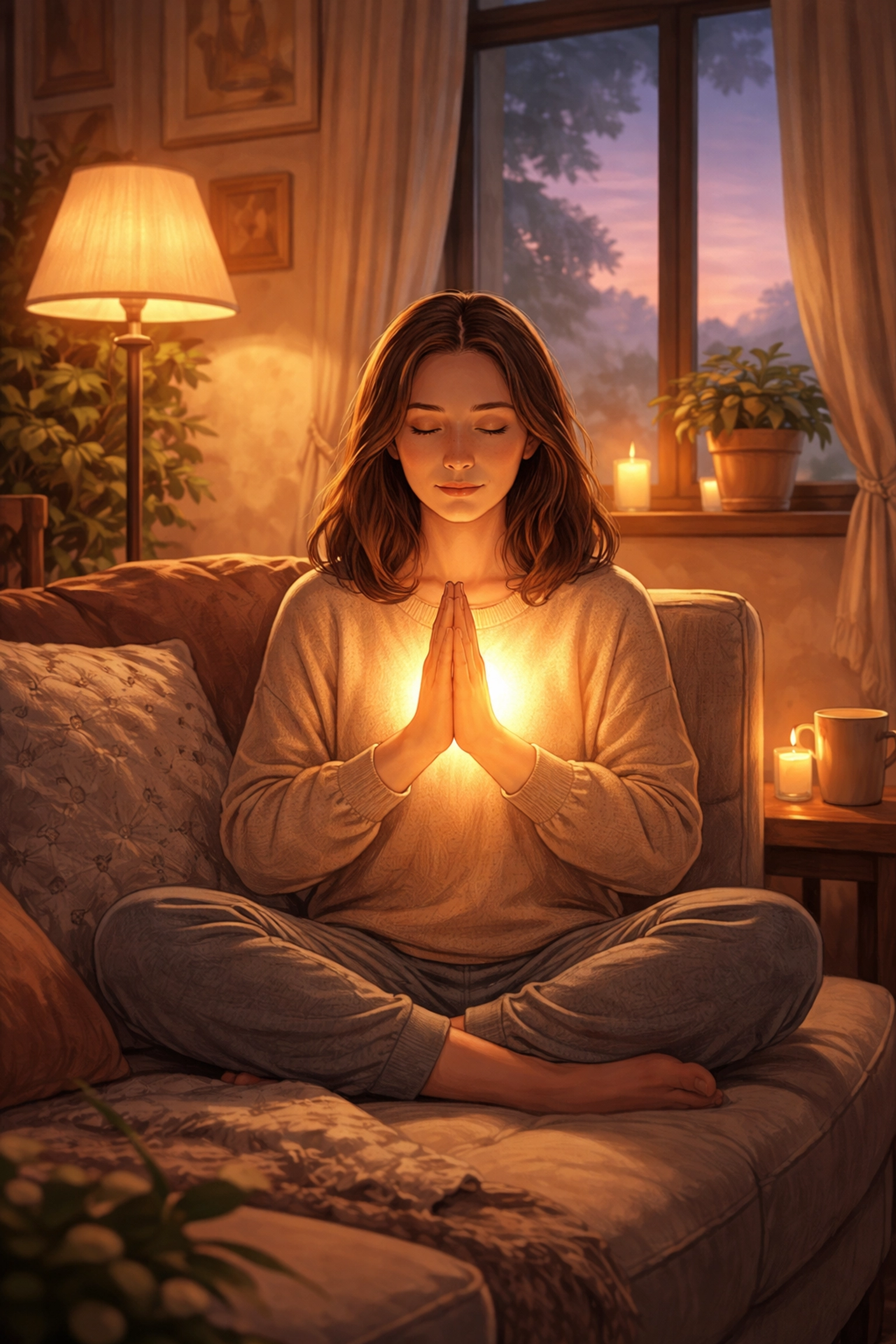 Someone quietly praying in a cozy living room, glowing with the inner presence of the Holy Spirit