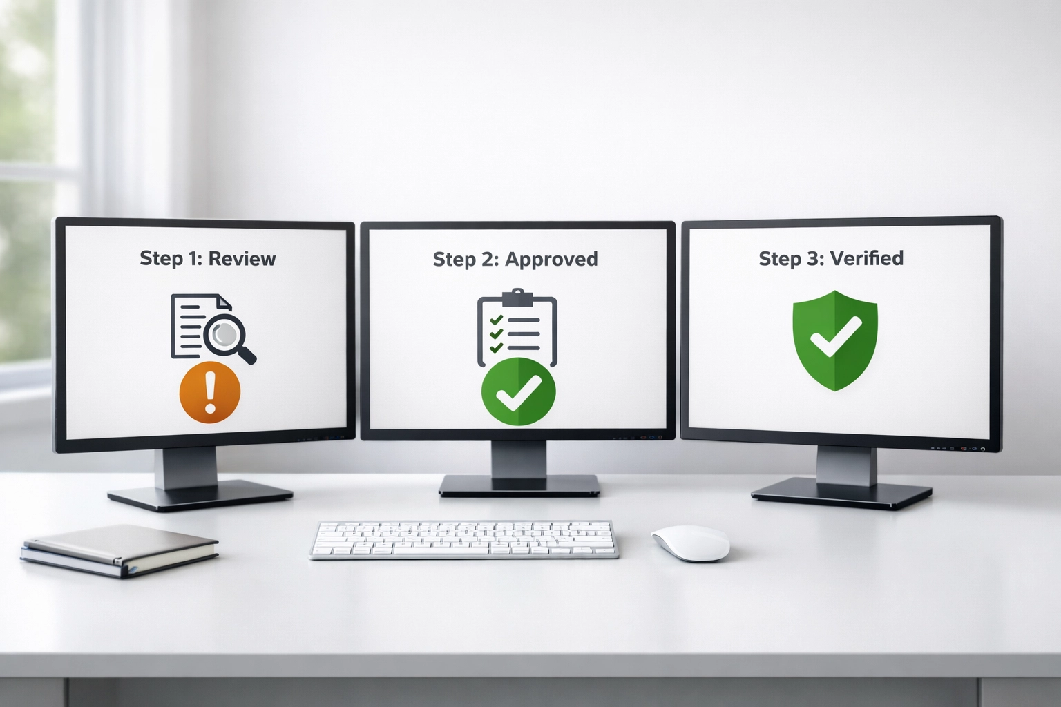 Multi-monitor tax office workflow showing validation checkpoints to prevent duplicate filing errors