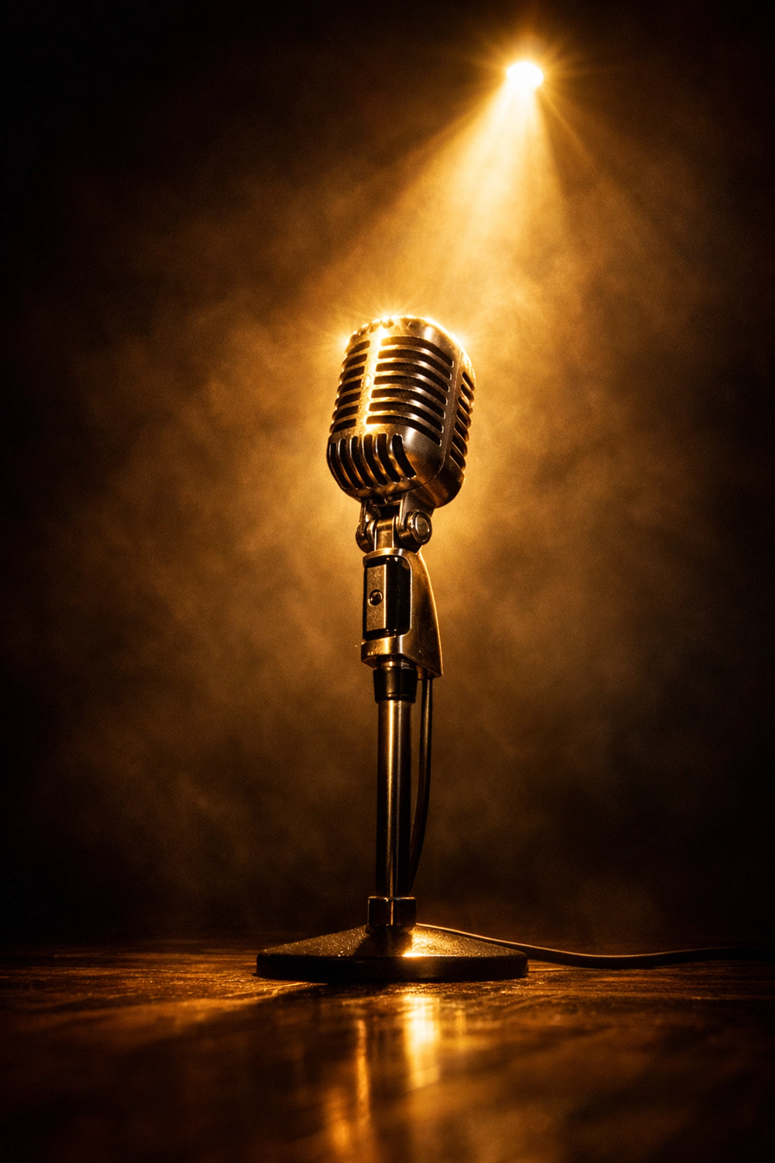 A vintage microphone under a spotlight on stage, symbolizing a creative breakthrough and finding your voice.