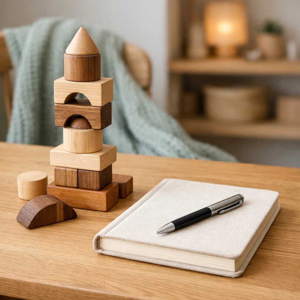Child-friendly visitation space with wooden blocks and notebook, illustrating how domestic violence affects child custody in Fredericksburg.
