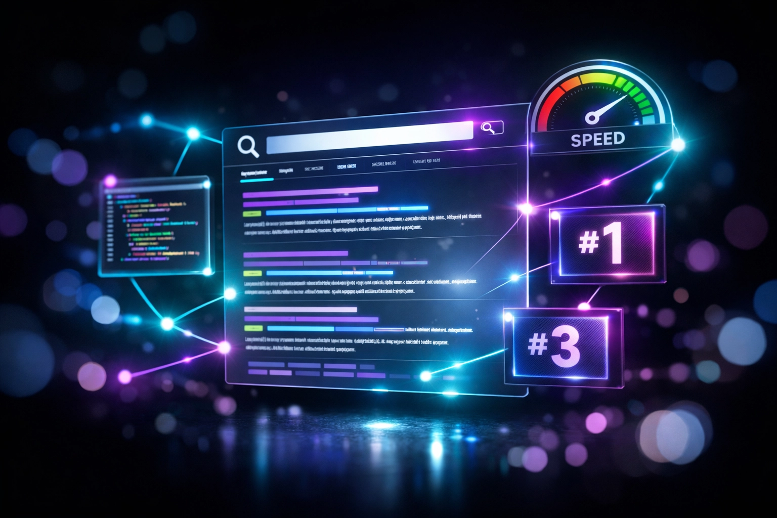 Custom website SEO optimization showing improved search rankings and connected elements
