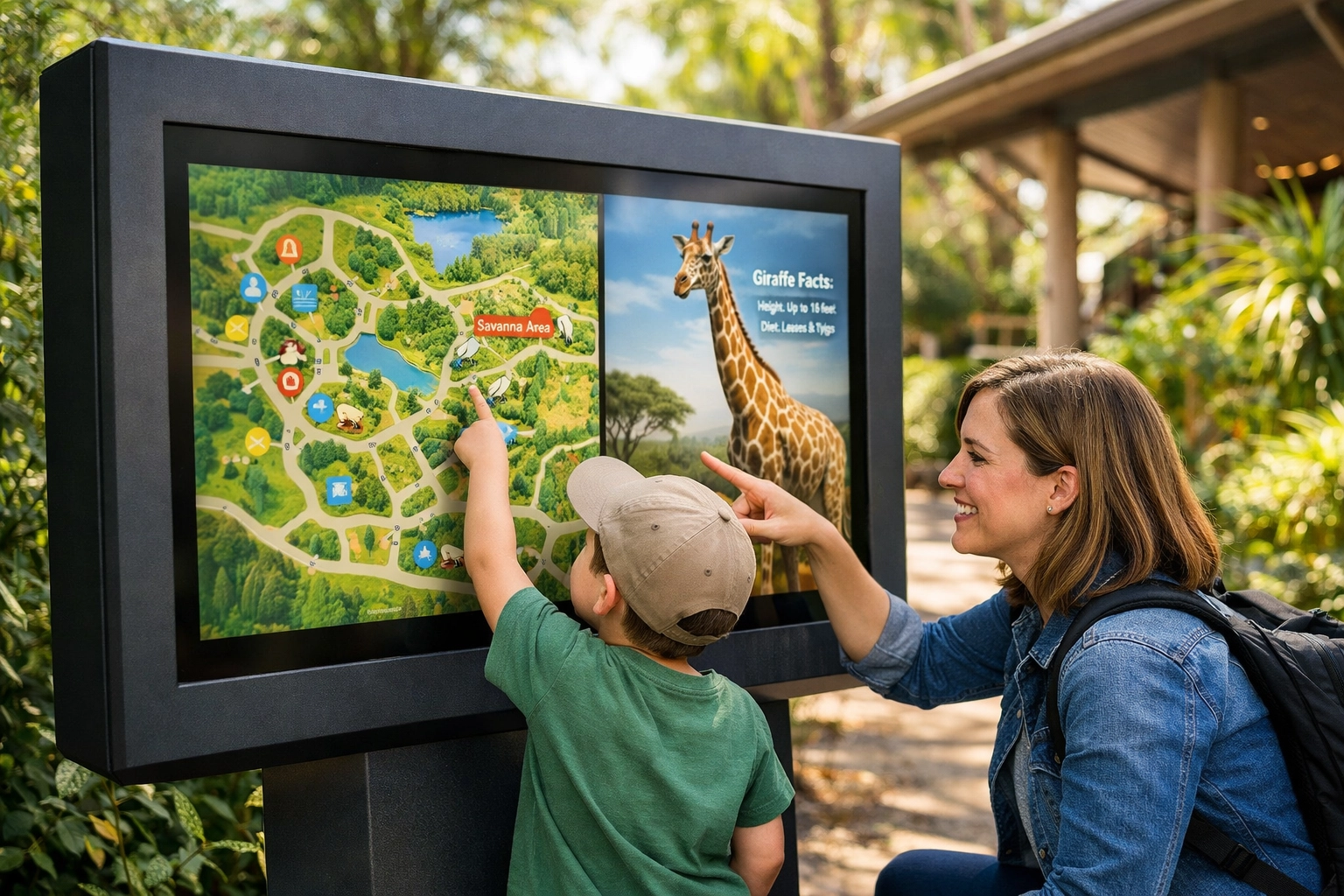 Family using an interactive touch-screen kiosk and digital map for guest engagement at a smart zoo venue.
