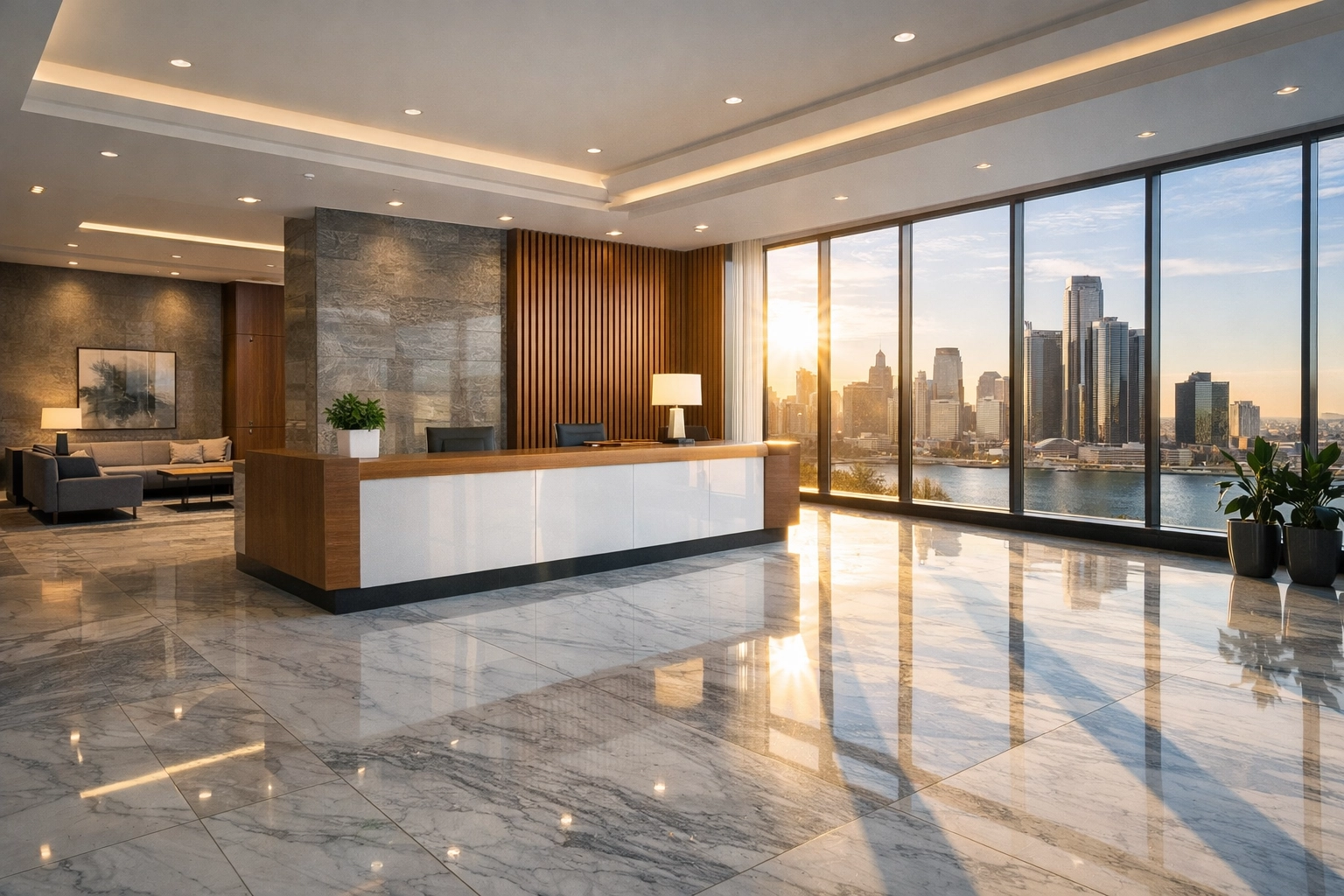 Clean modern Detroit apartment lobby with polished marble floors showing professional reliability.