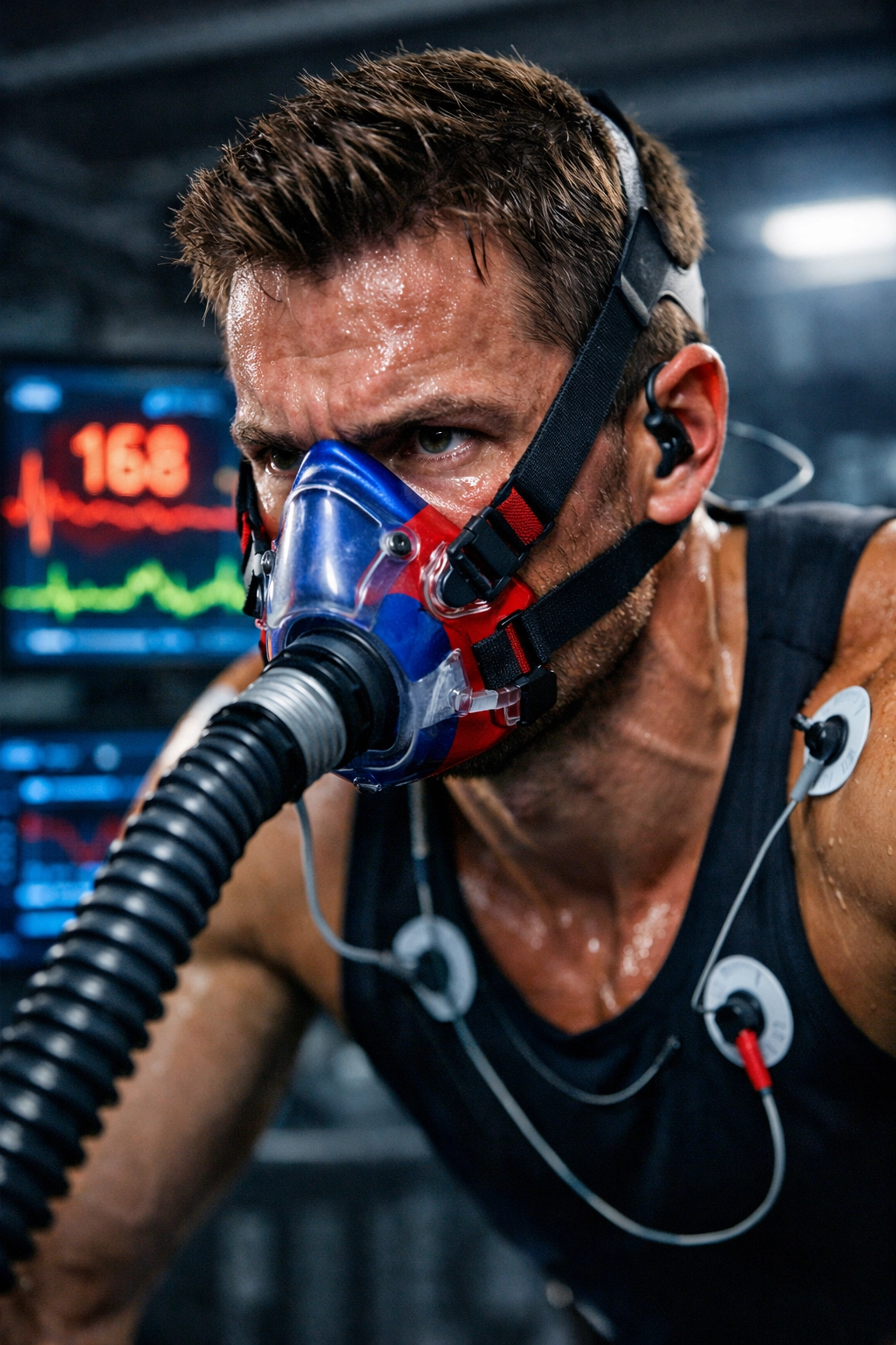 Athlete performing a VO2 max fitness stress test to measure physical resilience and longevity.