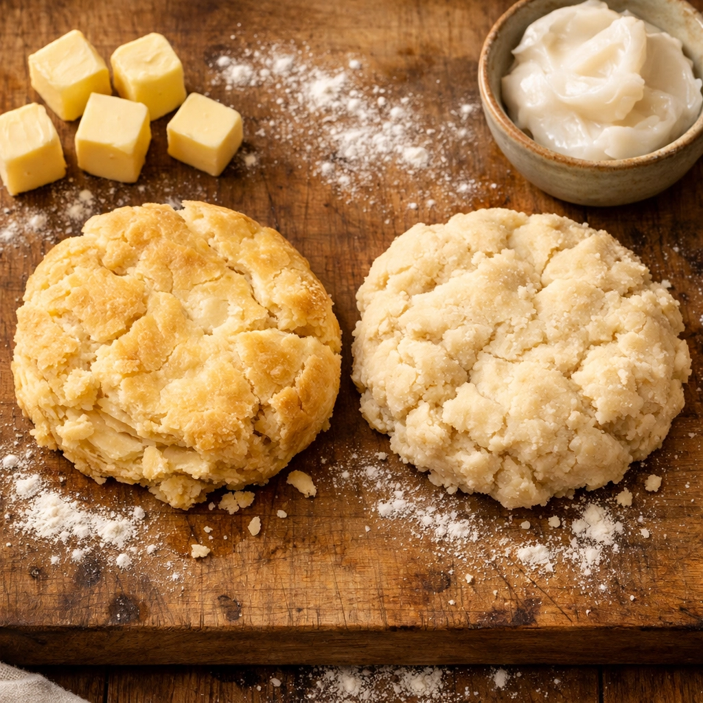 Butter and lard for pie crust on cutting board with flour