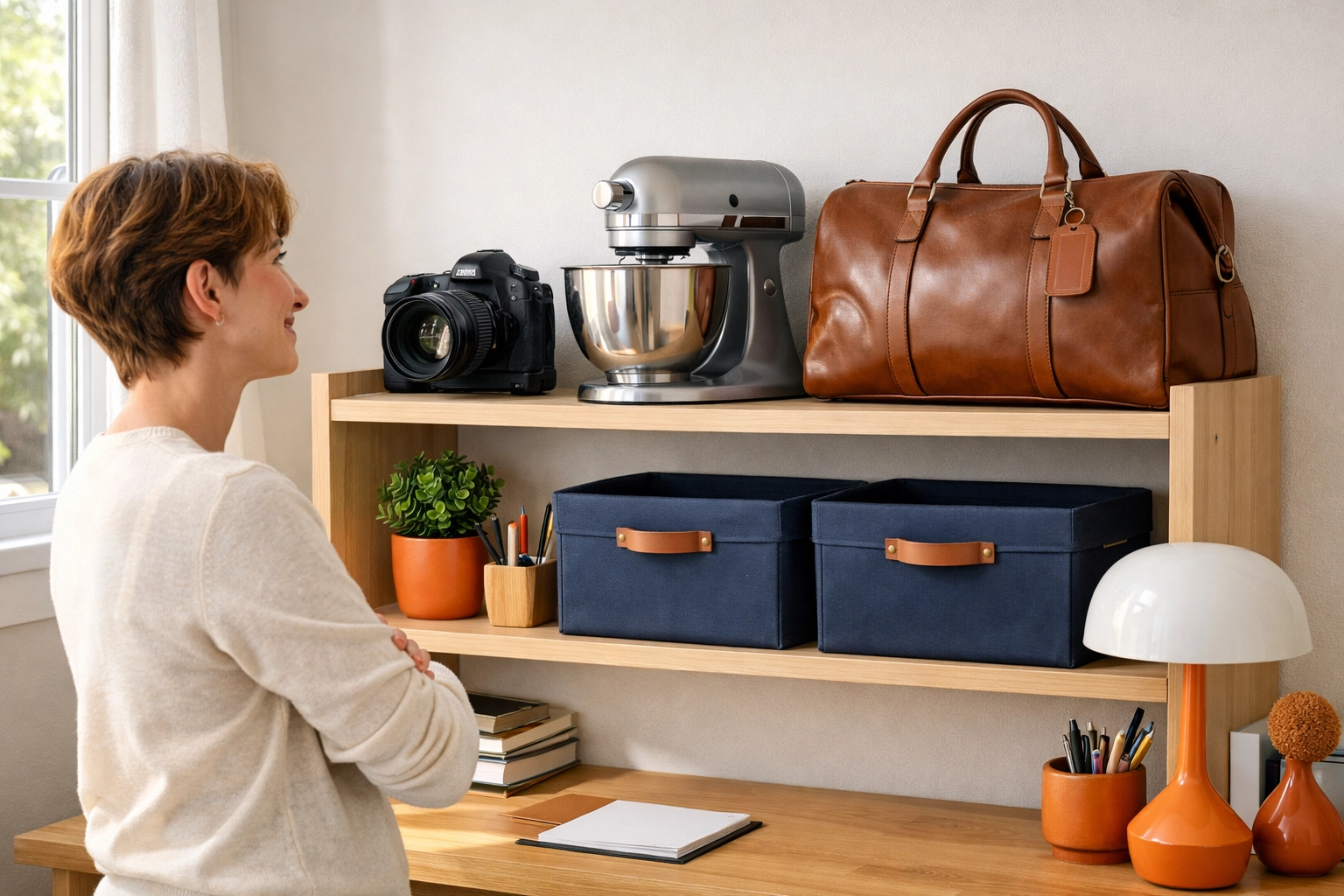 Person reviewing organized closet items like a camera and mixer ready for peer-to-peer renting.