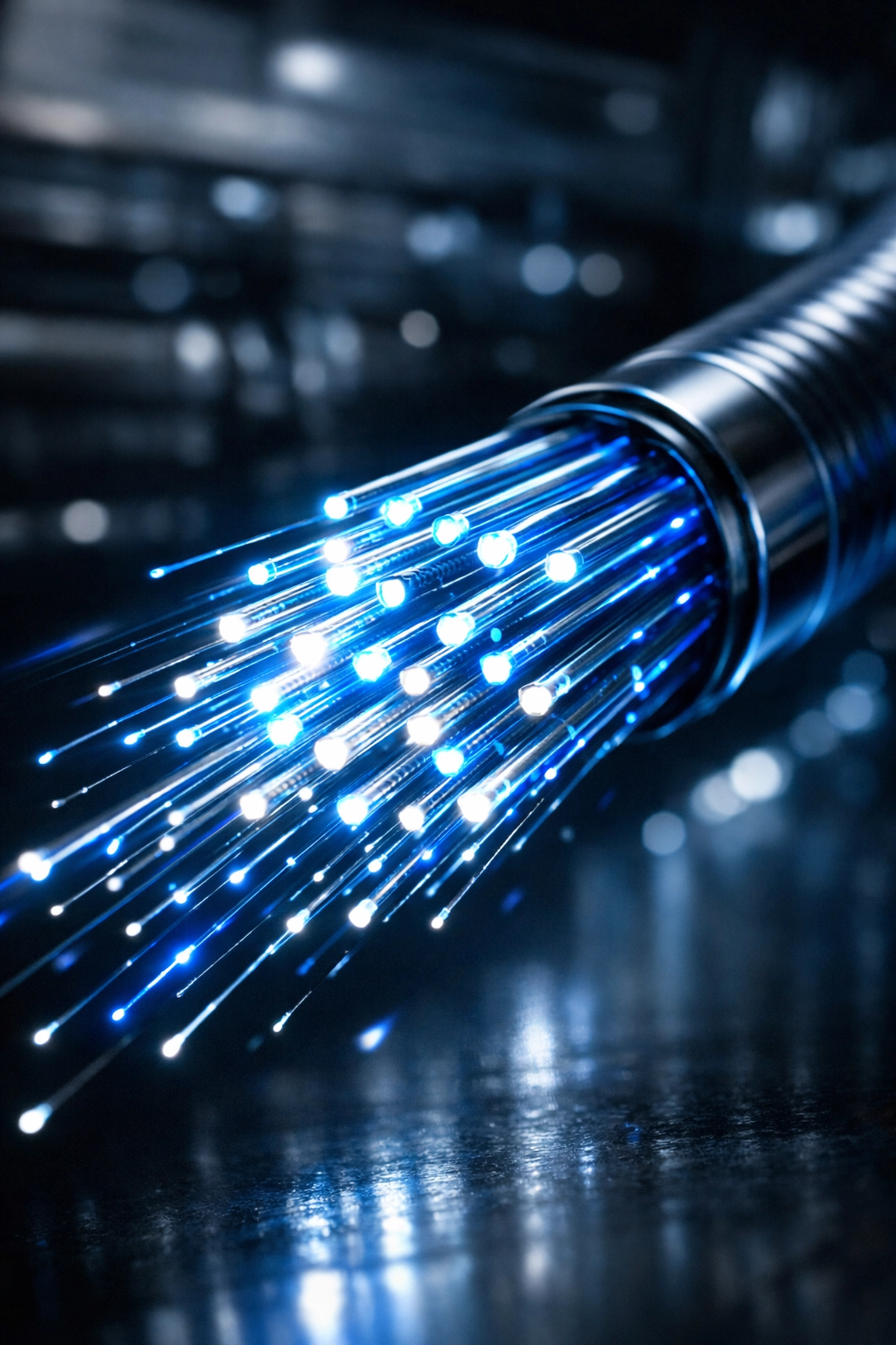 High-speed glowing fibre optic cable strands showing modern business internet connectivity in Canada.