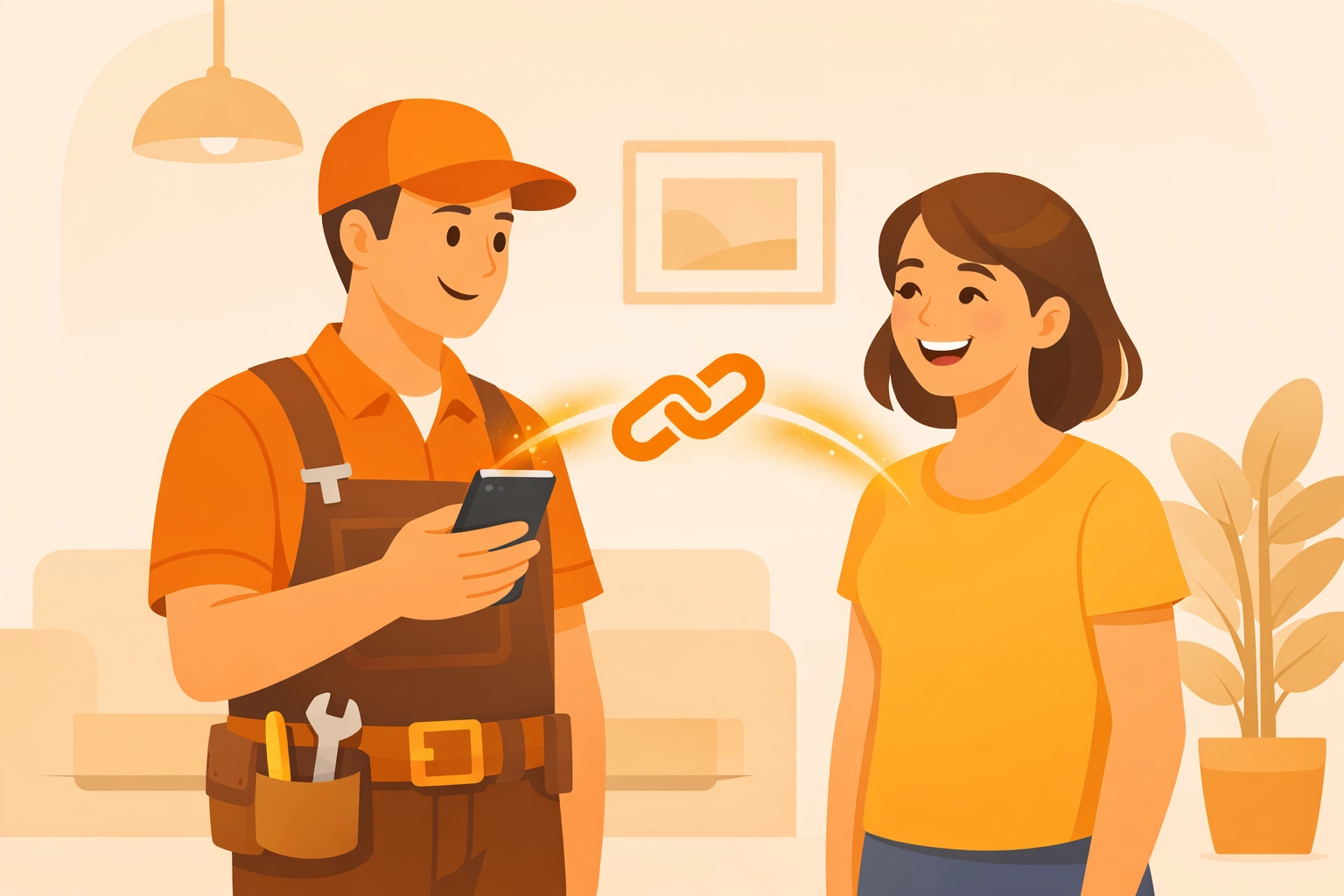 Contractor sharing a digital project link with a happy customer for easy job photo updates.