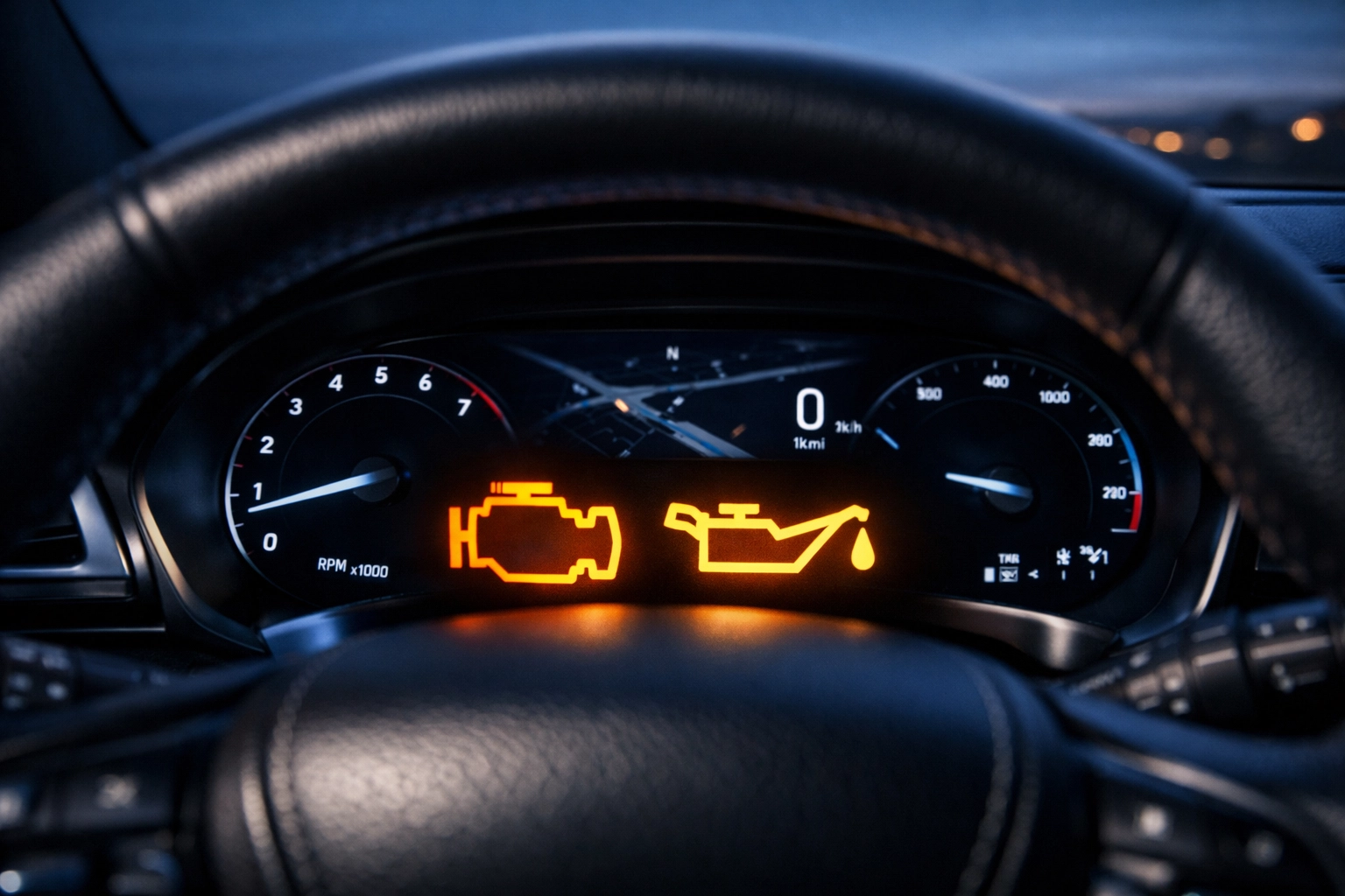 Dashboard display with illuminated oil pressure and check engine lights signaling a car needs an oil change.