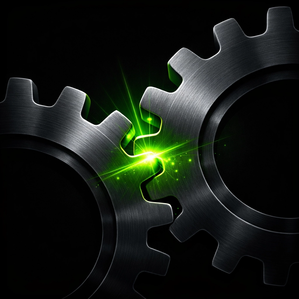 Industrial gears with a neon green glow representing the synergy of the Amerishop SEO directory.