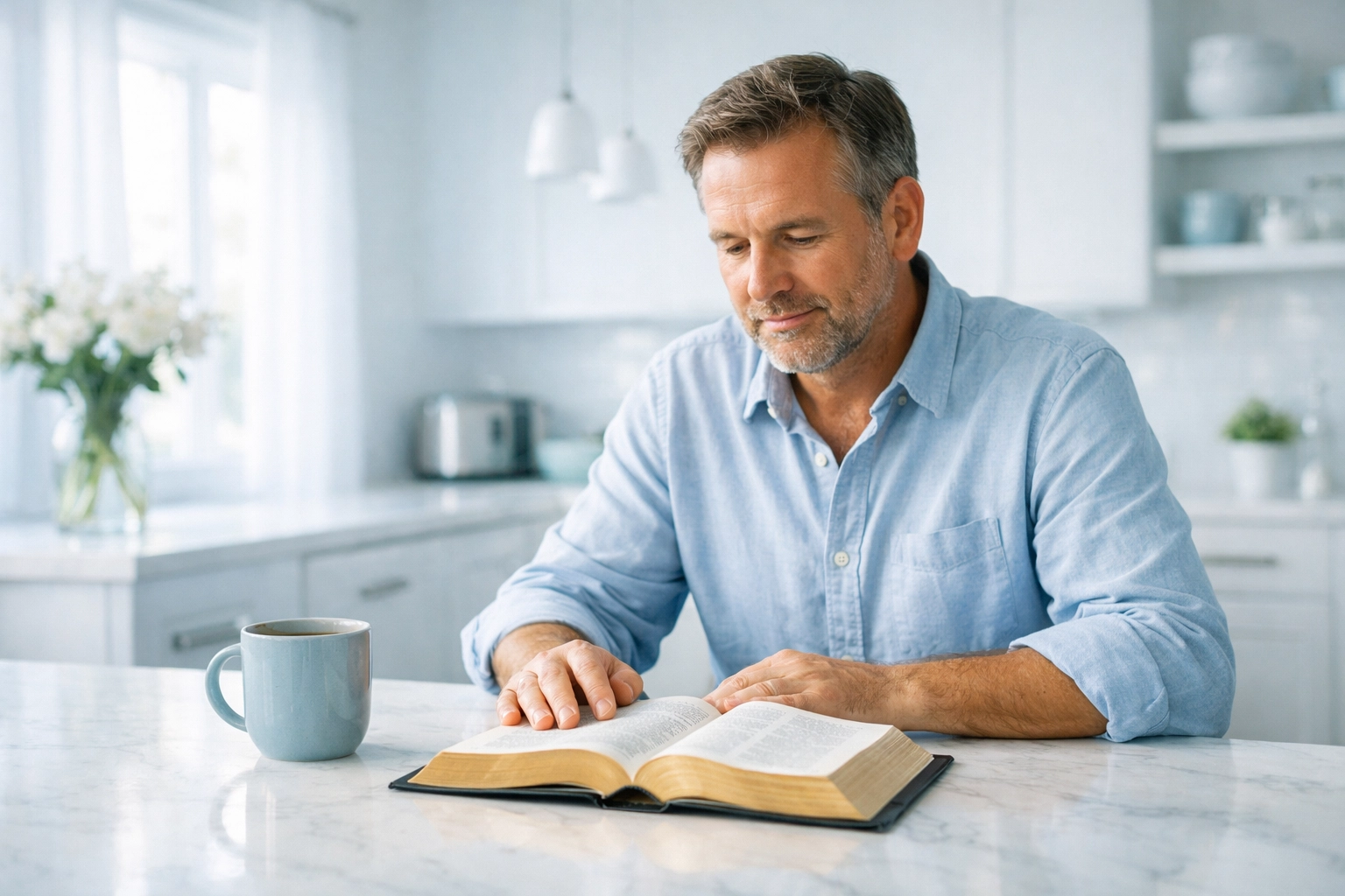 A man reading the Bible in a bright kitchen, staying rooted in God's promises for health and wholeness.
