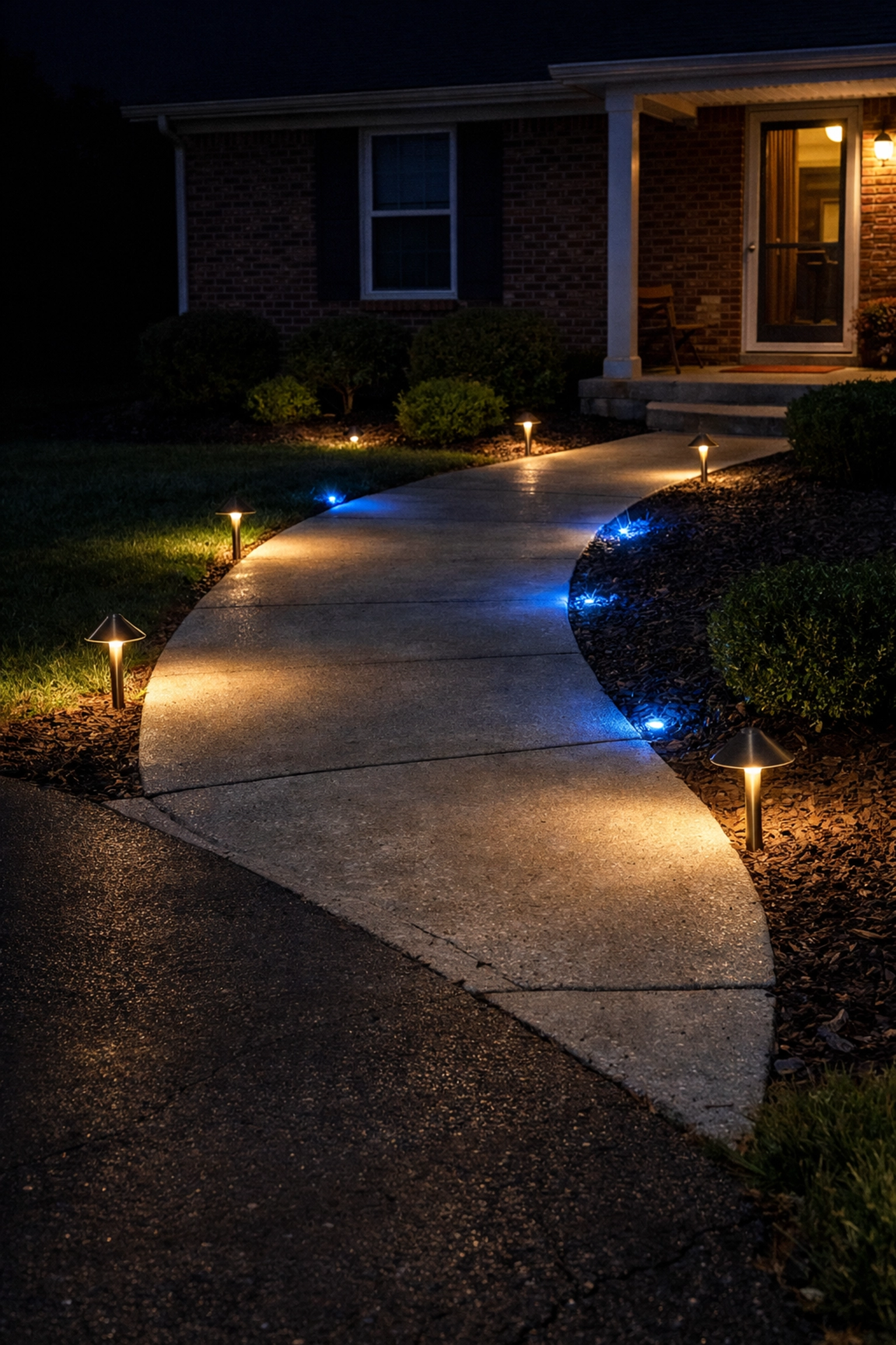 Professional brass path lights illuminating residential walkway at night in Lexington Kentucky