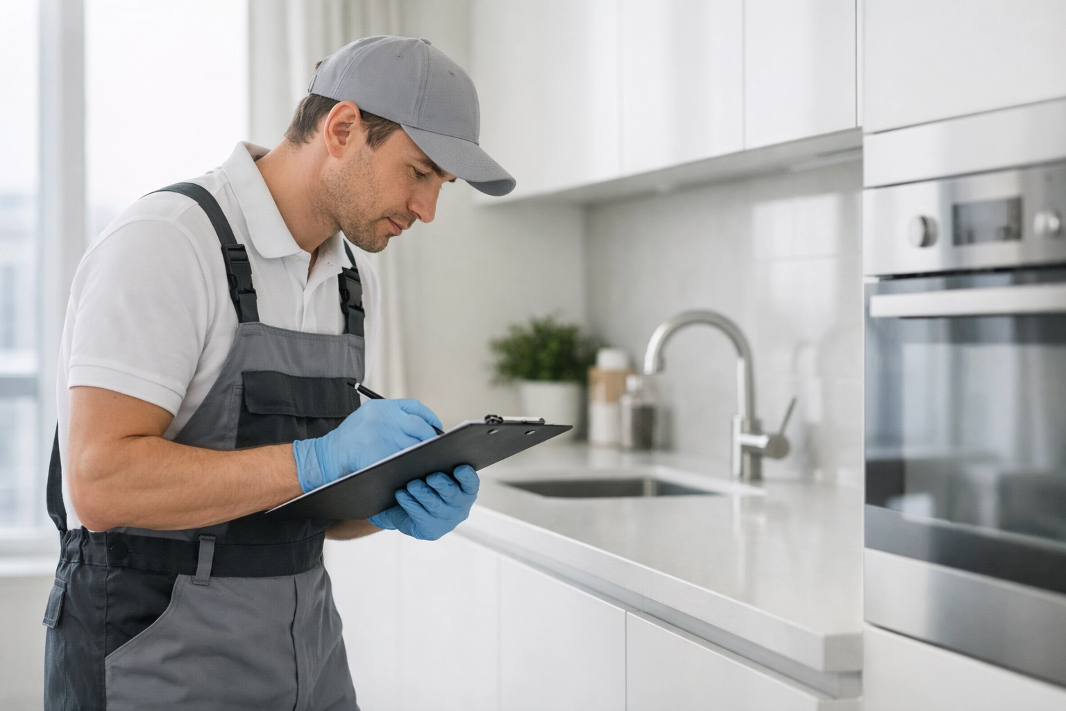 Professional cleaner conducting apartment turnover inspection with clipboard in kitchen