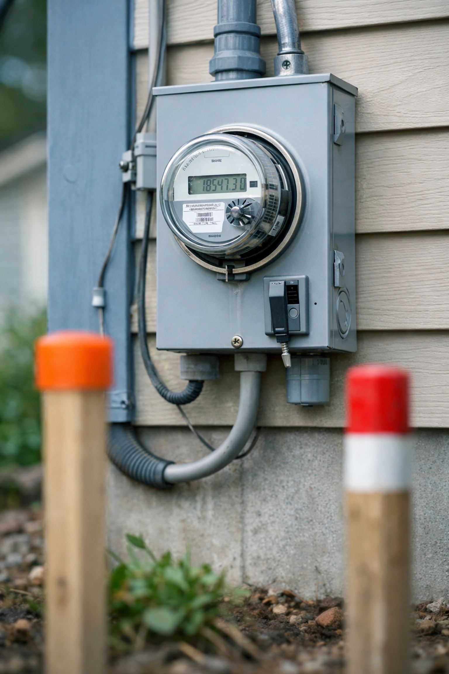 Property boundary markers and utility easement on residential home exterior wall