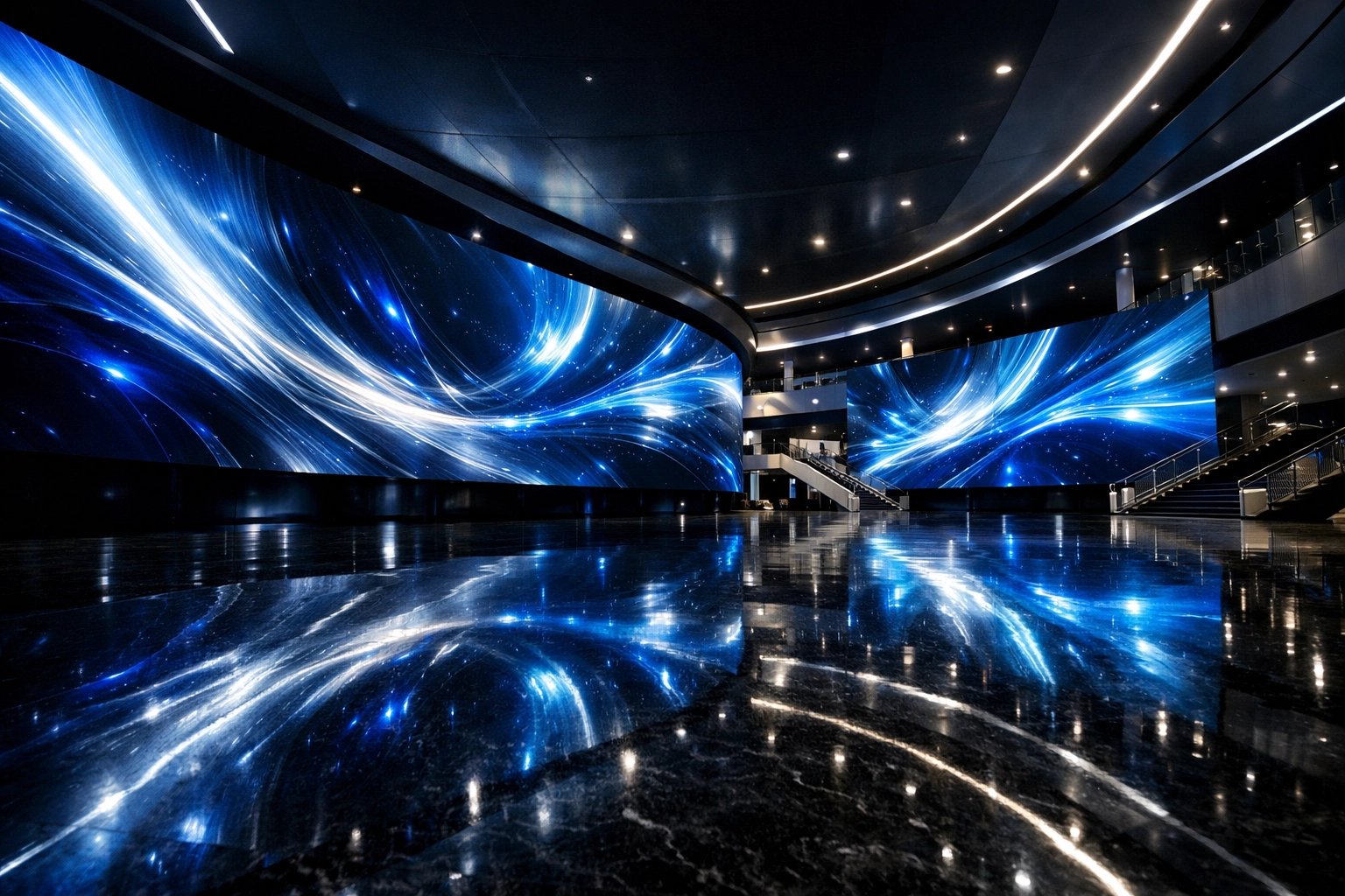 Immersive 3D signage and dynamic LED displays in a modern stadium concourse by Dakdan Worldwide.