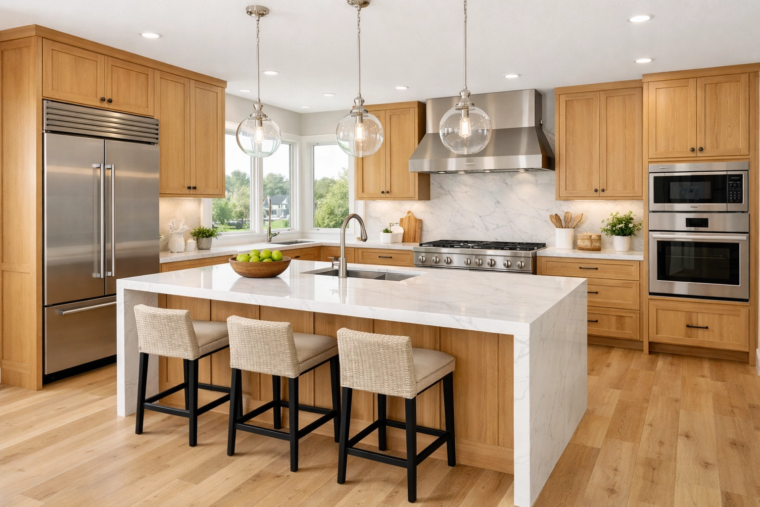 Modern kitchen remodel cabinets in a bright Minnesota home featuring custom white oak storage.