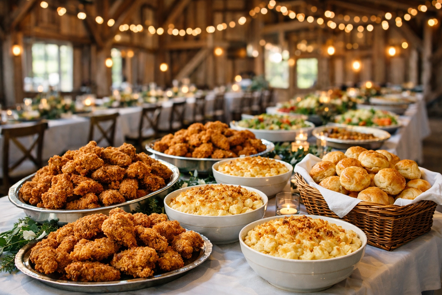 Full-service southern catering buffet spread with fried chicken and biscuits at a Pacific Northwest venue.