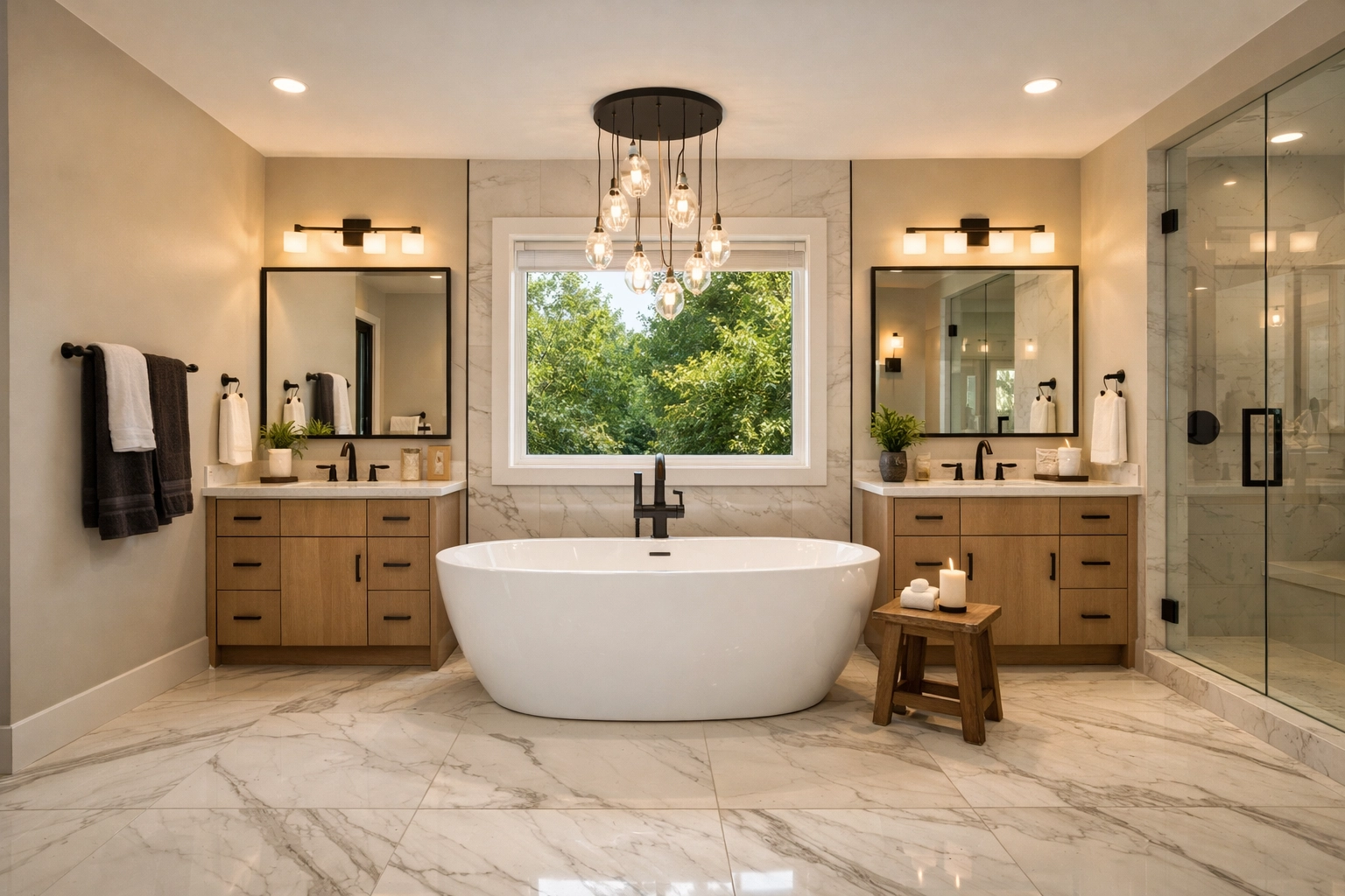 Luxury master bathroom renovation featuring a freestanding tub and high-quality porcelain tile flooring.