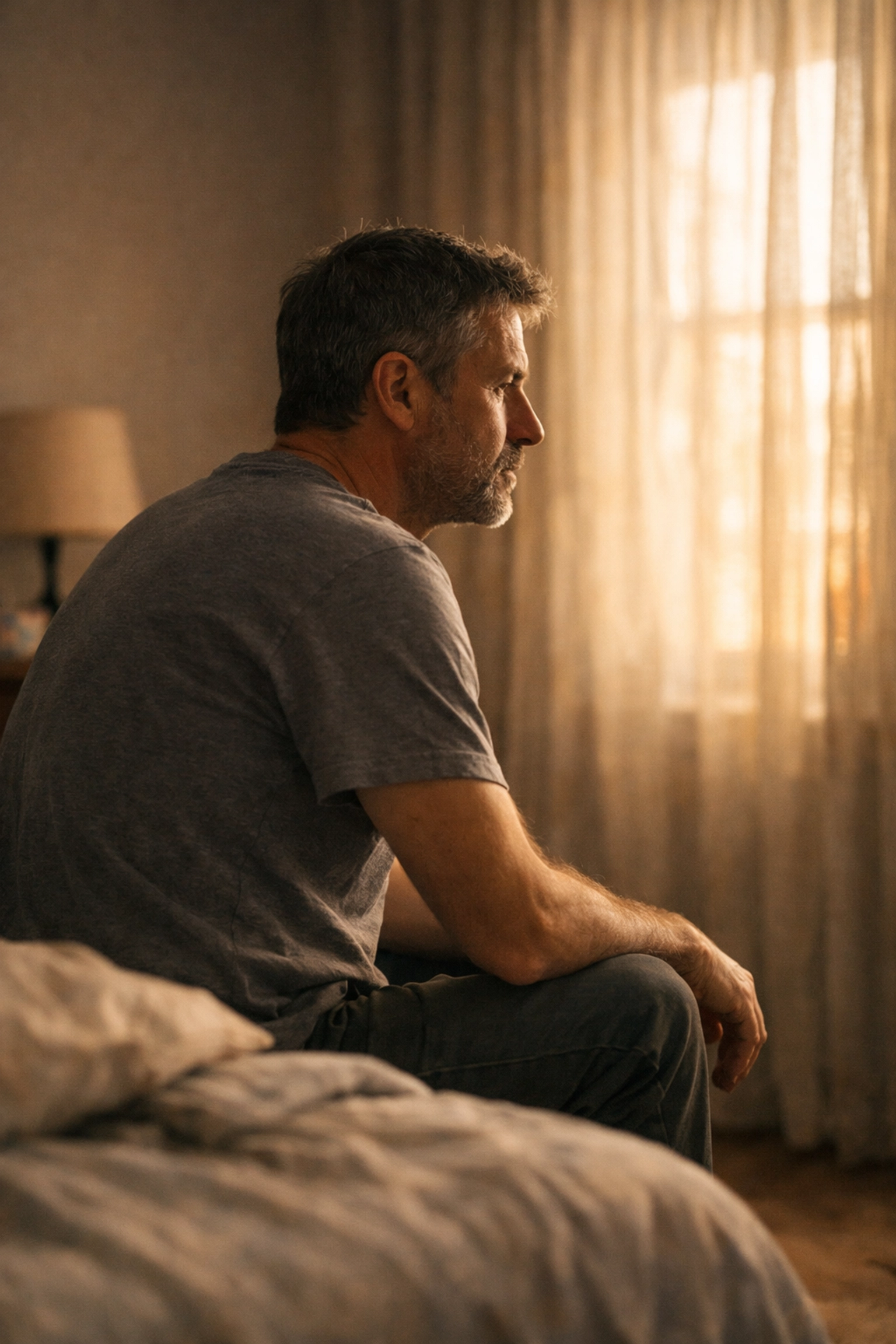 Gondterhelt férfi az ágyon, a stressz és a merevedési zavar pszichés okait szemléltetve.