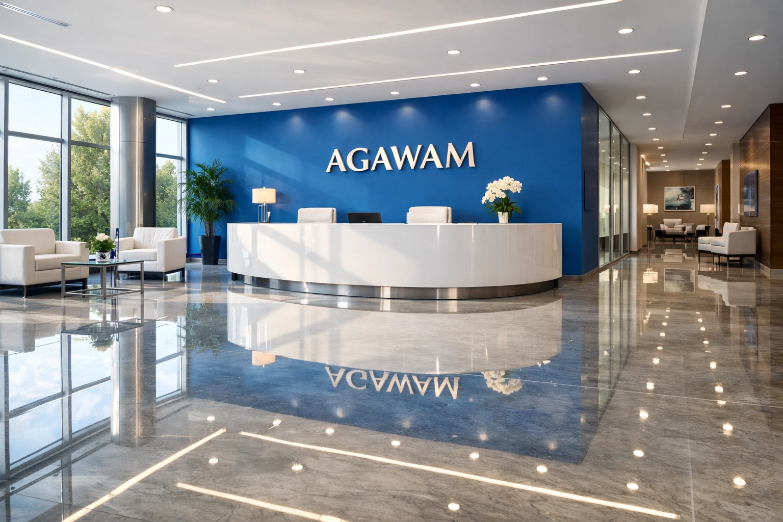 Polished marble lobby floor in an Agawam corporate office demonstrating janitorial excellence.
