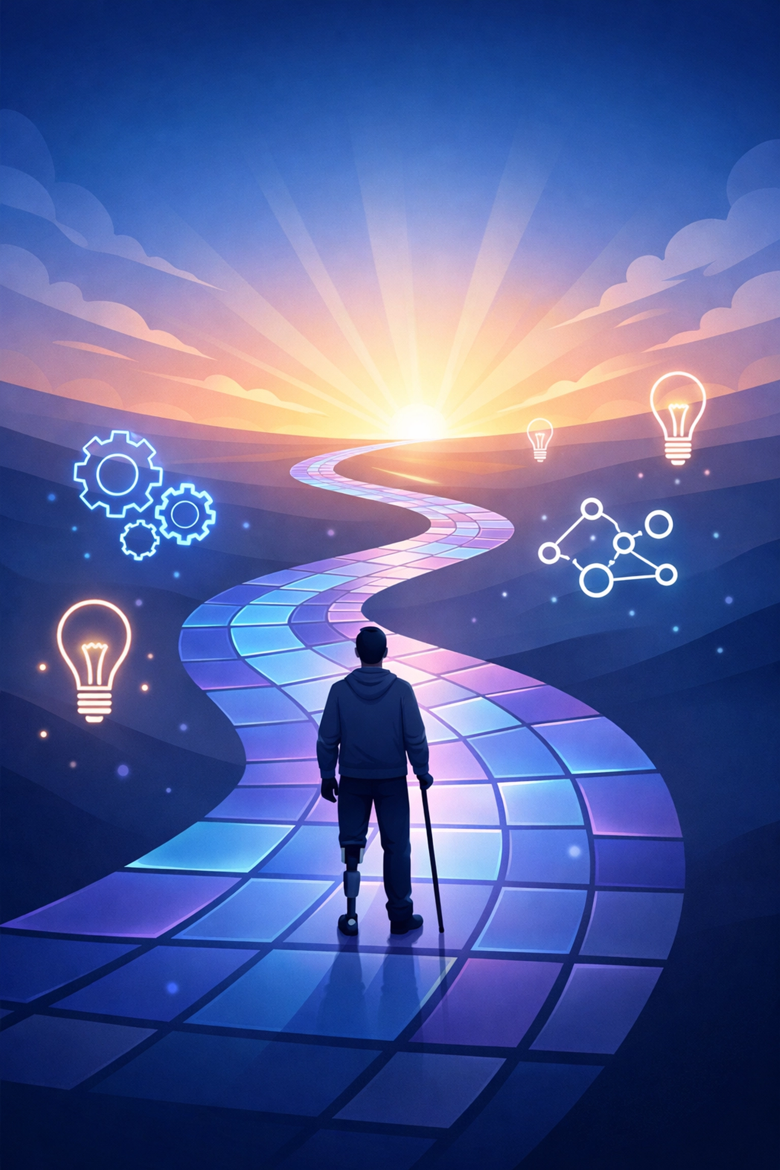 A digital path leading toward a rising horizon representing a roadmap to small business growth and efficiency.