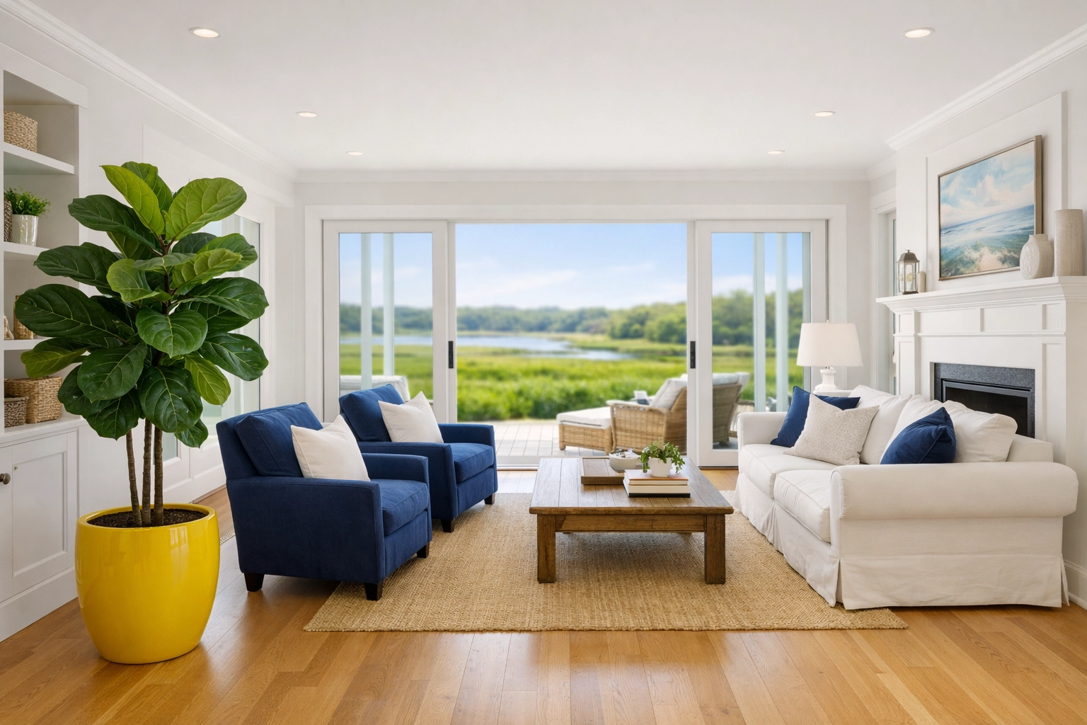 Eco-friendly Mashpee Neck living room with clean air and polished light oak hardwood floors.