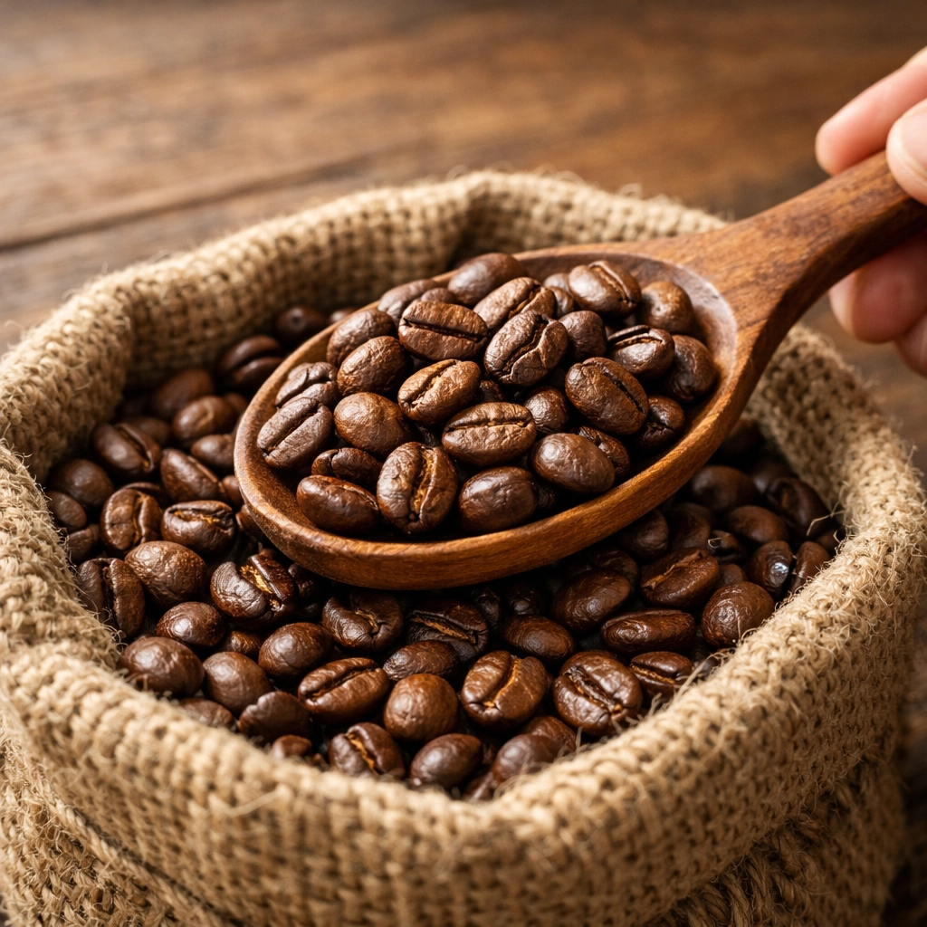 Premium roasted specialty coffee beans in a rustic burlap sack for wholesale suppliers.