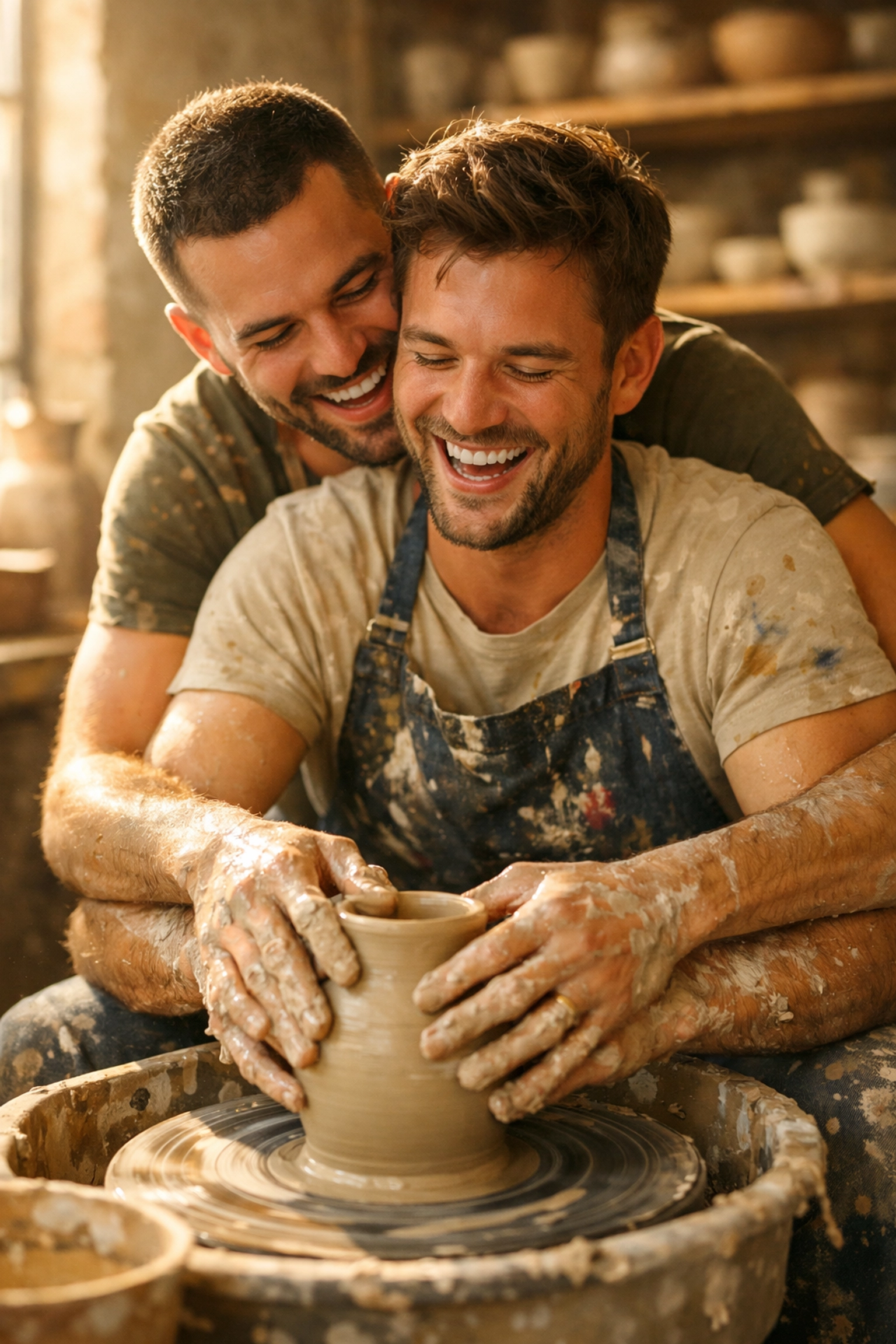 Gay couple enjoying pottery, a creative queer hobby for community building and joy.