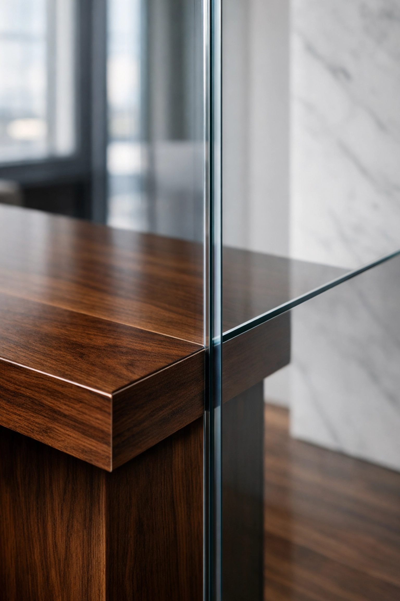 Professionally cleaned wood desk and glass partition in a modern Detroit office showing expert surface care.