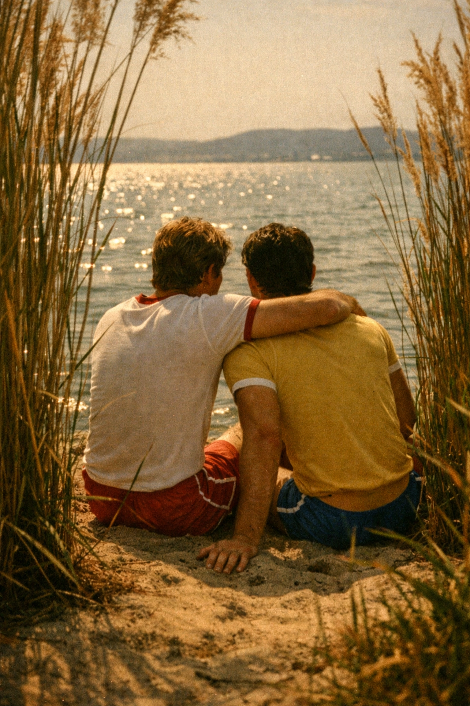 Vintage photo of two men in a secret moment at Lake Balaton, reflecting themes of classic MM romance books.