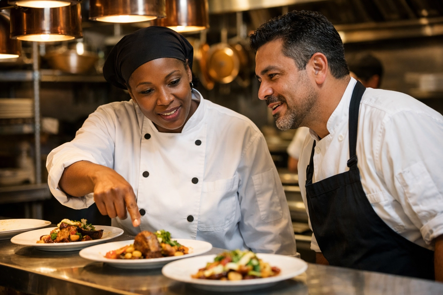 Two experienced chefs collaborating on plated dishes during restaurant dinner service