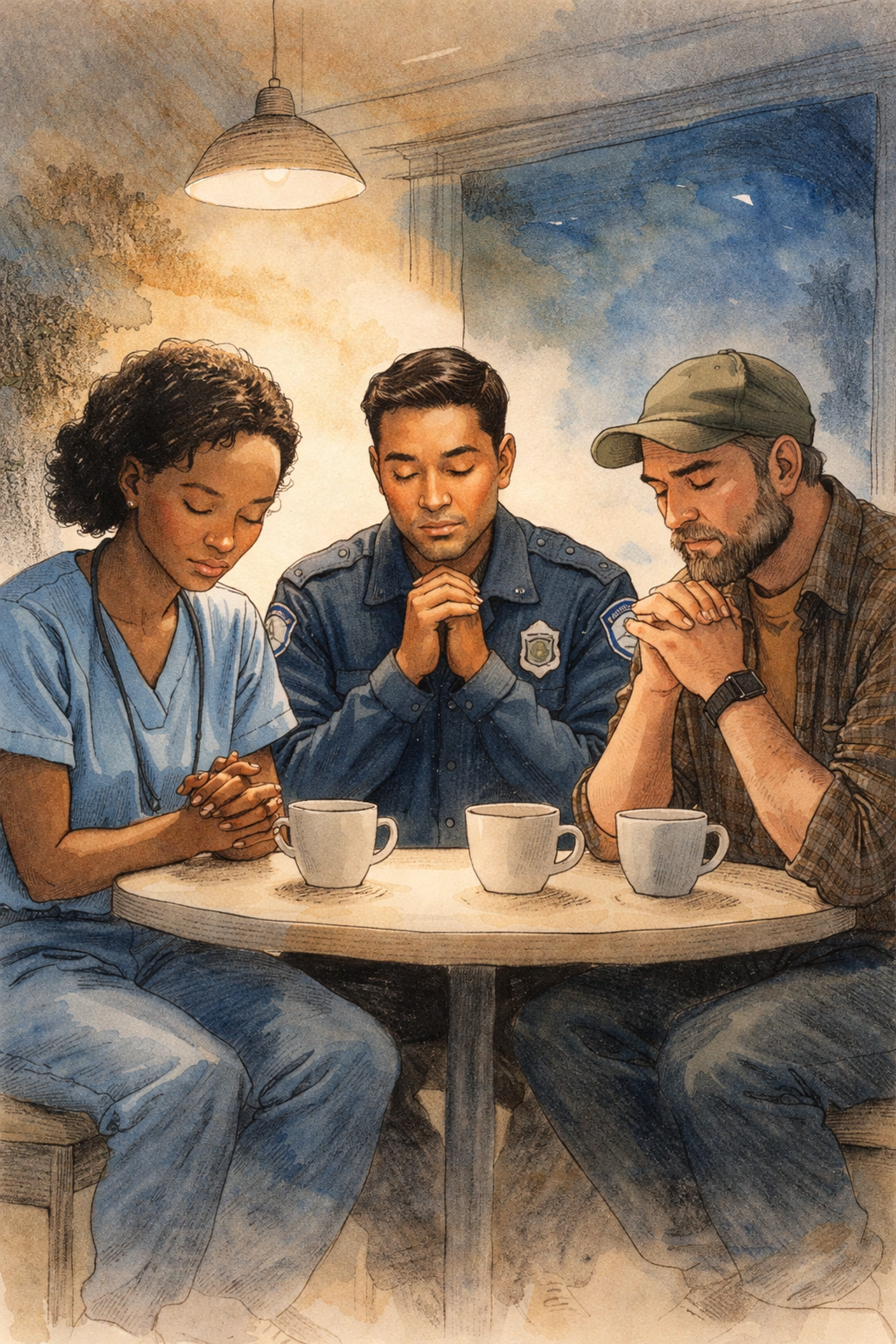 Diverse night shift workers in peaceful prayer during a break, reflecting faith and community support at night.