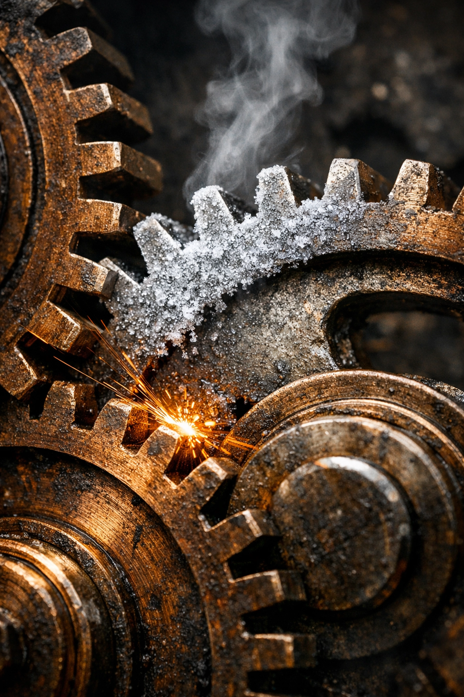 Frozen industrial gears showing the friction of Canada's GDP contraction and economic slowdown.