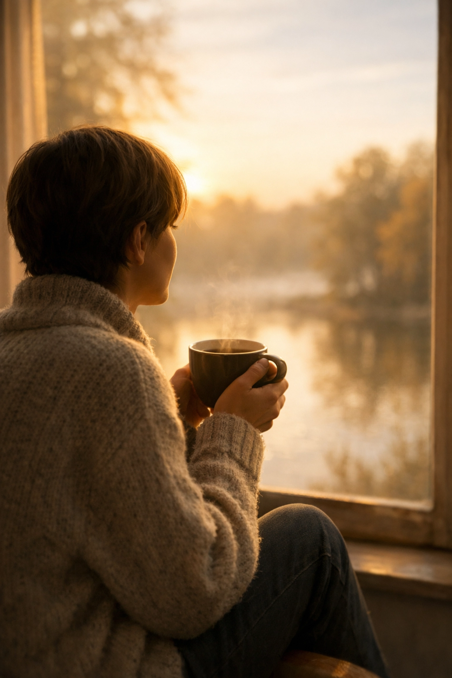 Person peacefully reflecting by window during trauma recovery and healing journey
