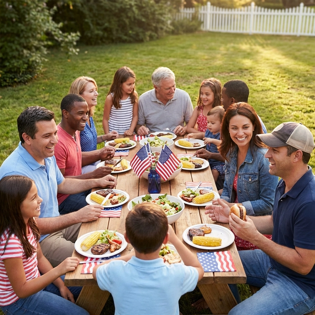 Neighbors of all backgrounds sharing a summer backyard meal with American flags, symbolizing community unity.