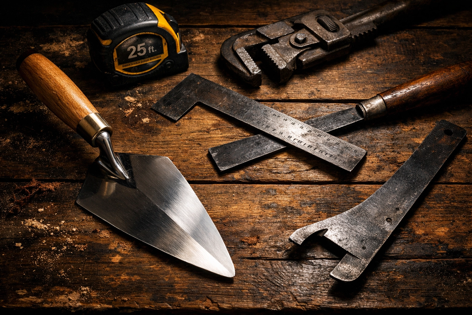 Professional trade tools for roofing, bricklaying, and carpentry used by the JJPM Construction team.