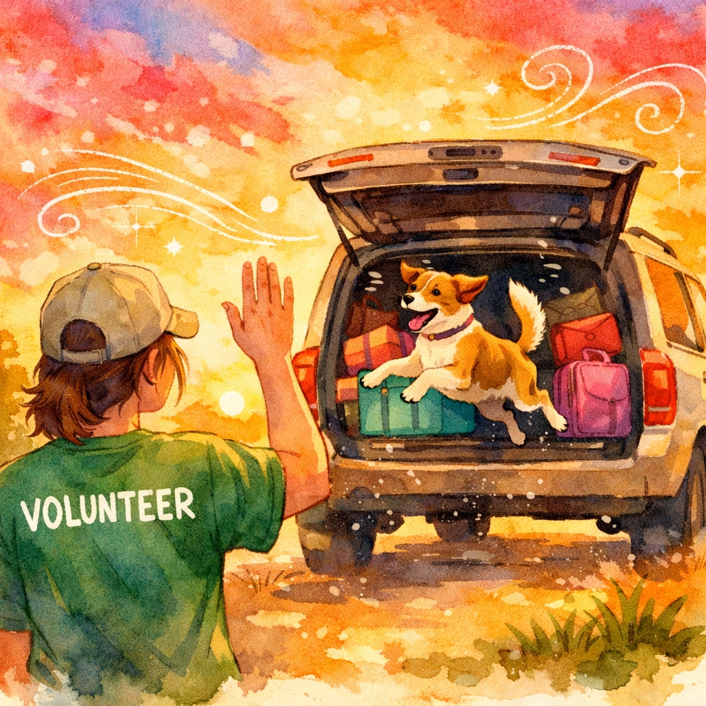 A volunteer at animal shelter waving goodbye to a dog jumping into a car for its new home.