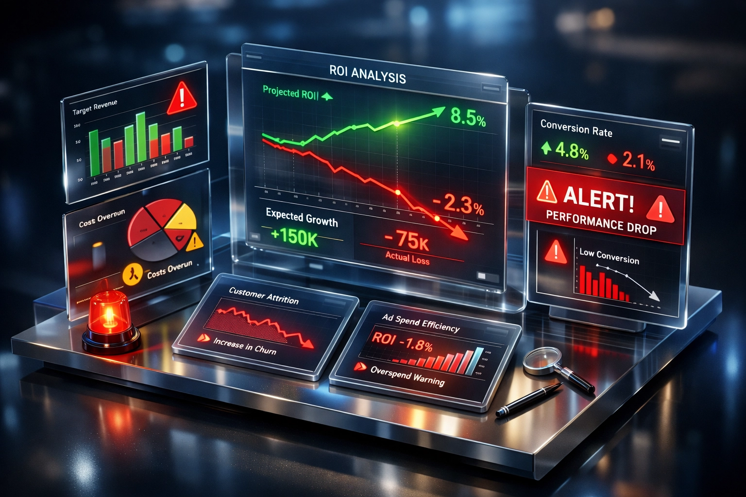ServiceNow ITOM ROI dashboard showing declining metrics and warning indicators for implementation performance