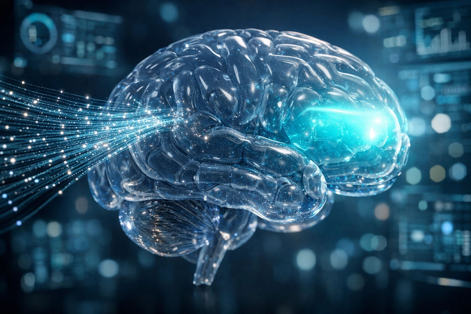 Glowing human brain and prefrontal cortex representing focused working memory and learning capacity.