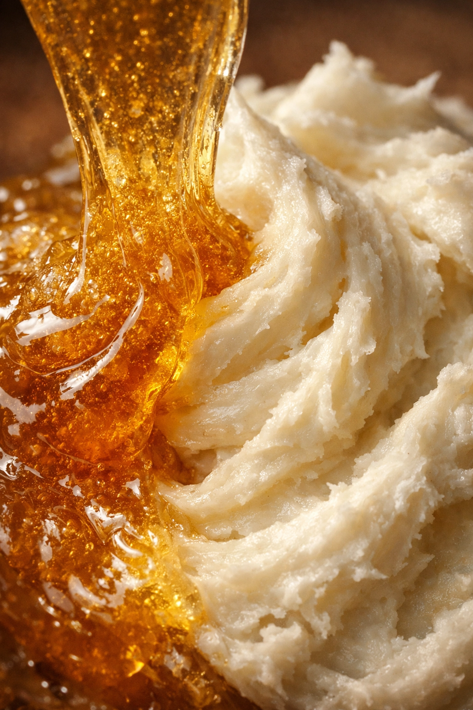Close-up of raw honey blending into whipped grass-fed tallow for skin hydration.