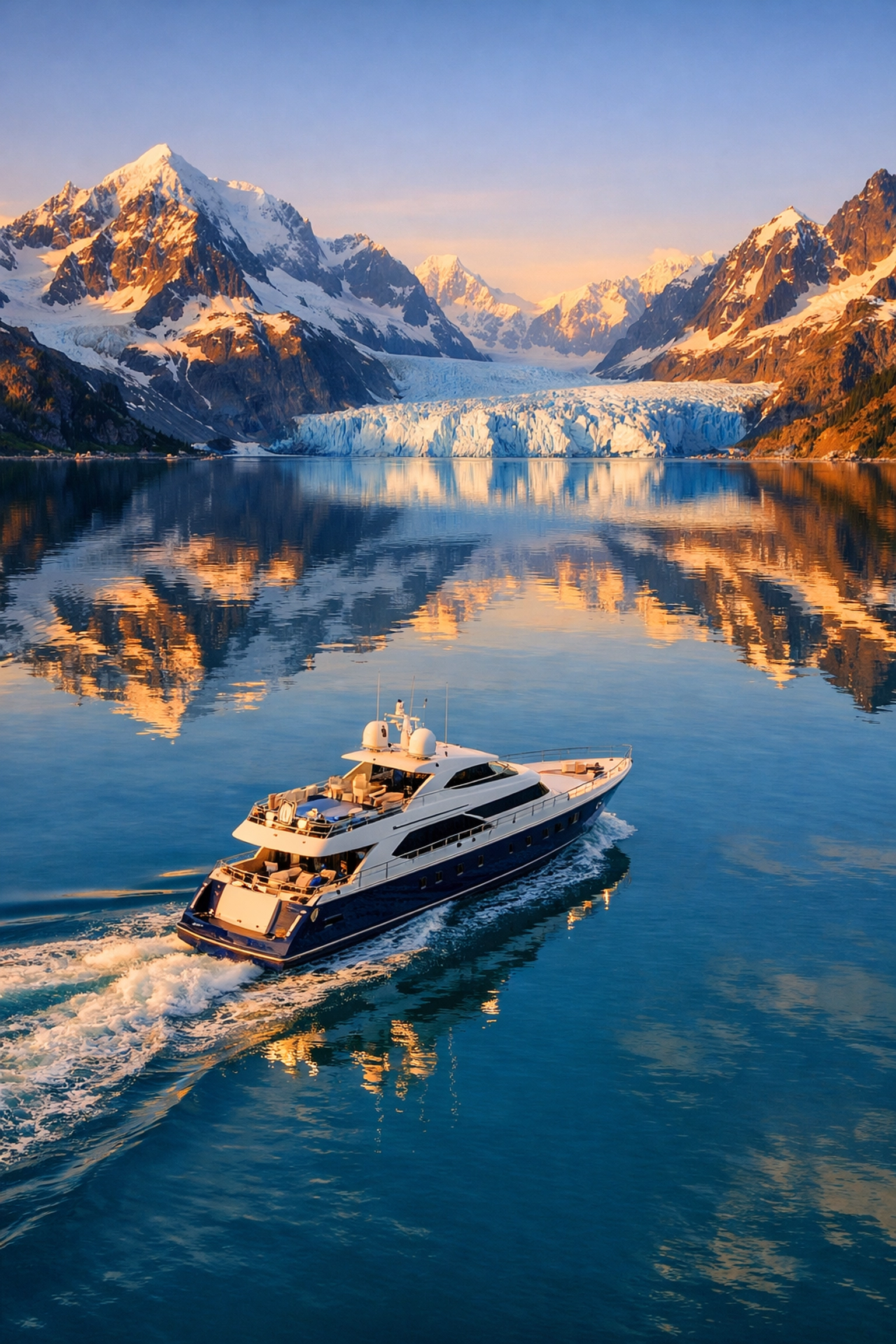 Luxury yacht sailing through pristine Alaskan waters with snow-capped mountains and glacier backdrop