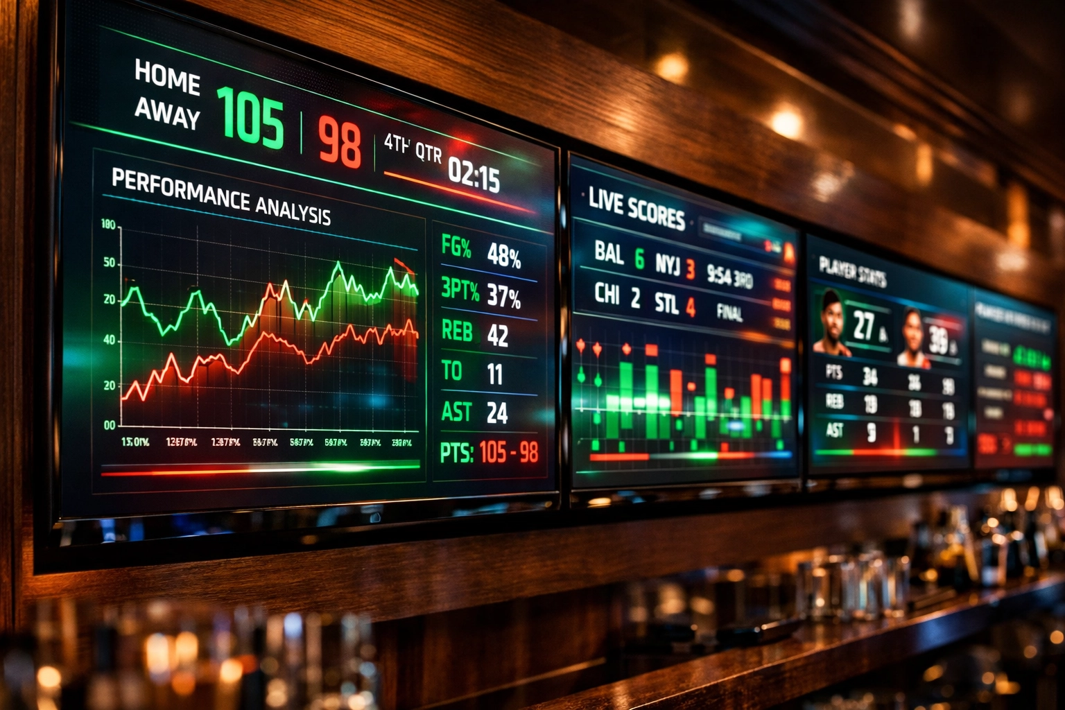 Real-time sports betting odds and statistics on digital screens in a modern lounge environment.