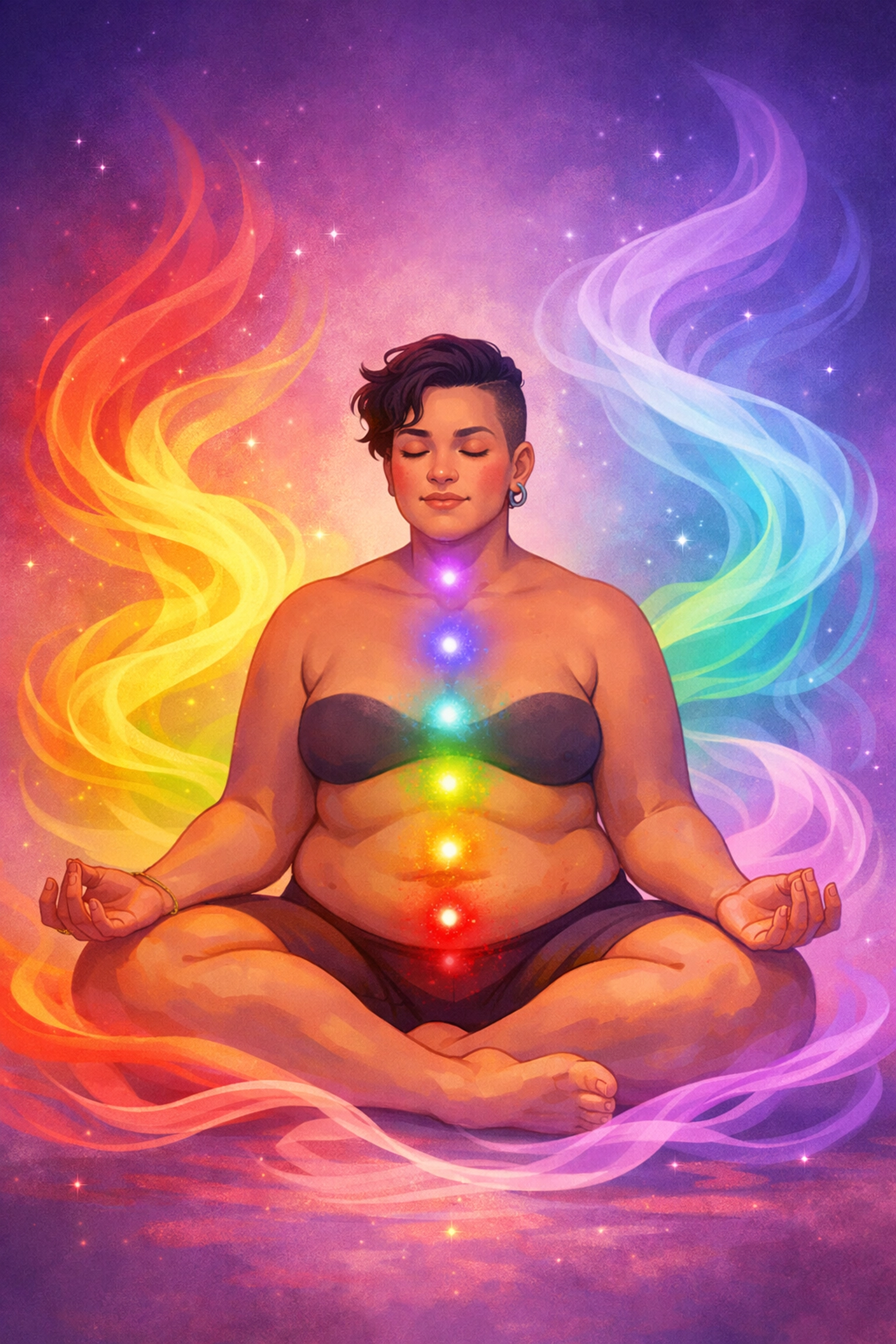 Queer person in lotus meditation pose practicing mindfulness and body connection