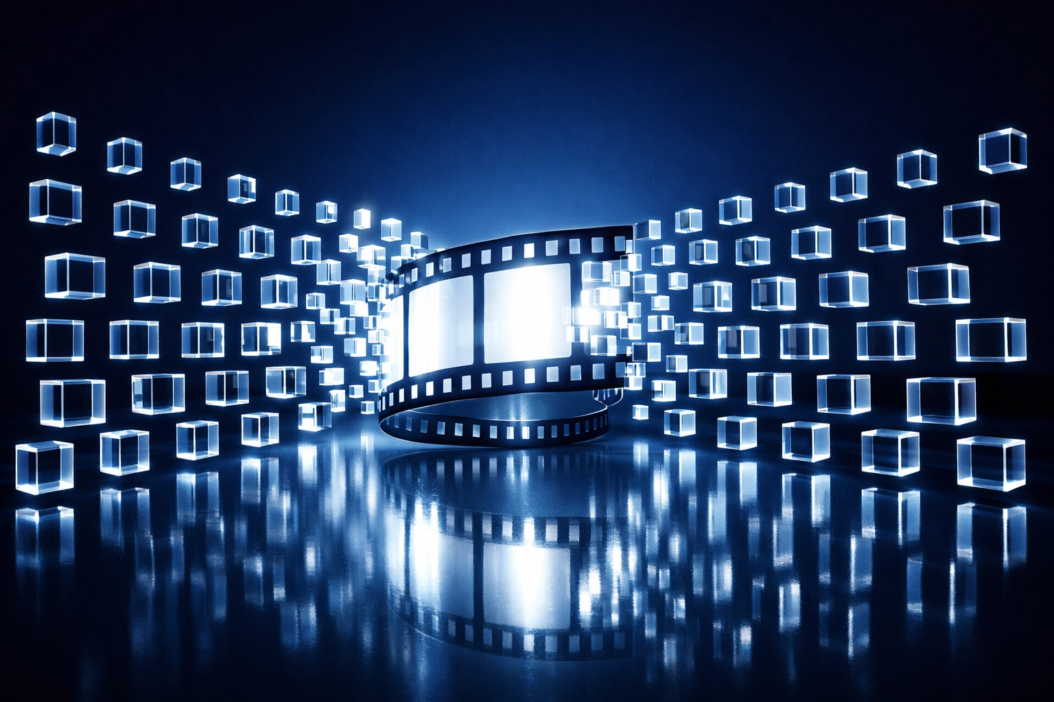 AI-powered automation deconstructing a film strip into modular content pieces for digital marketing.