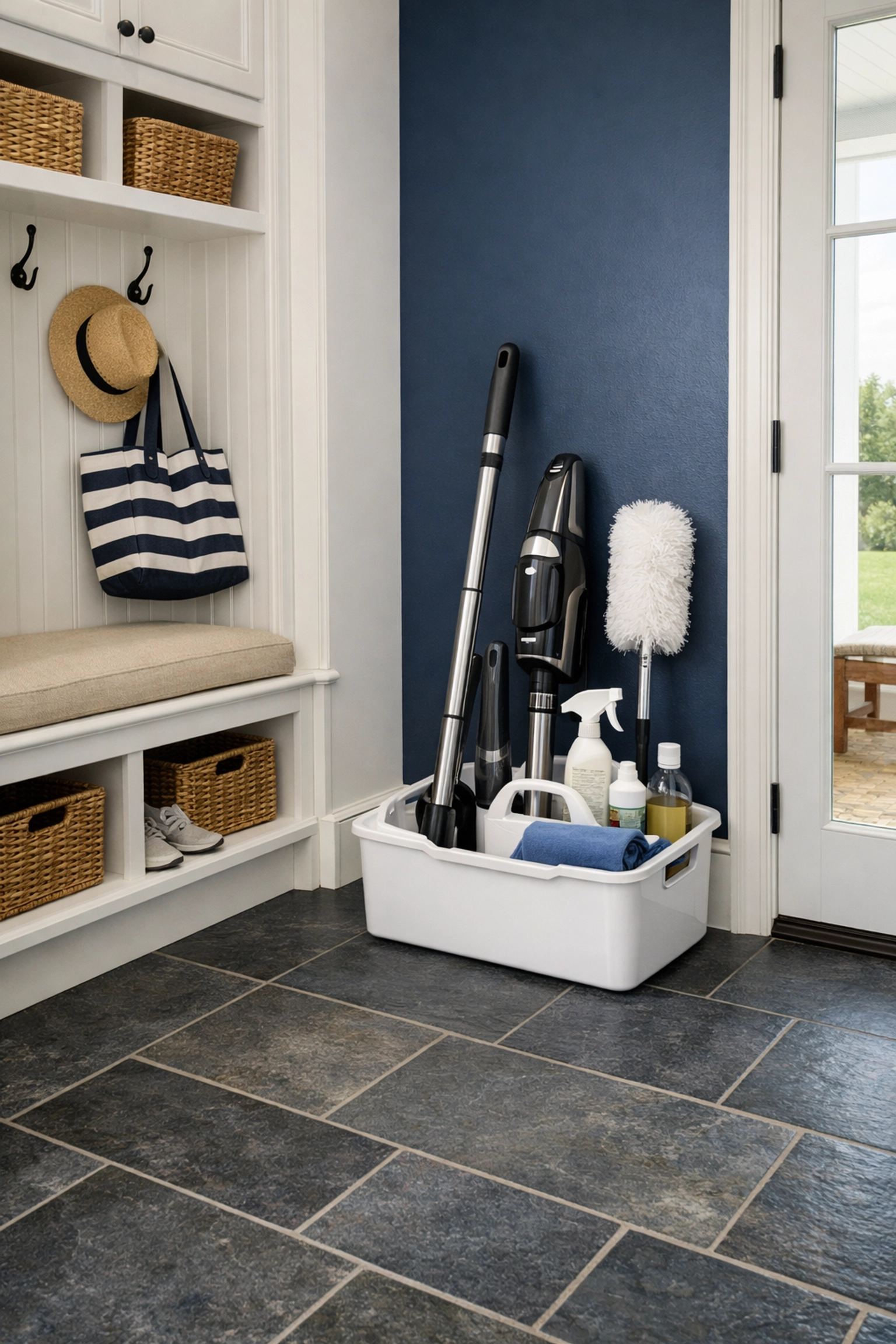 Clean Cape Cod mudroom with slate tiles after a professional bi weekly house cleaning service.