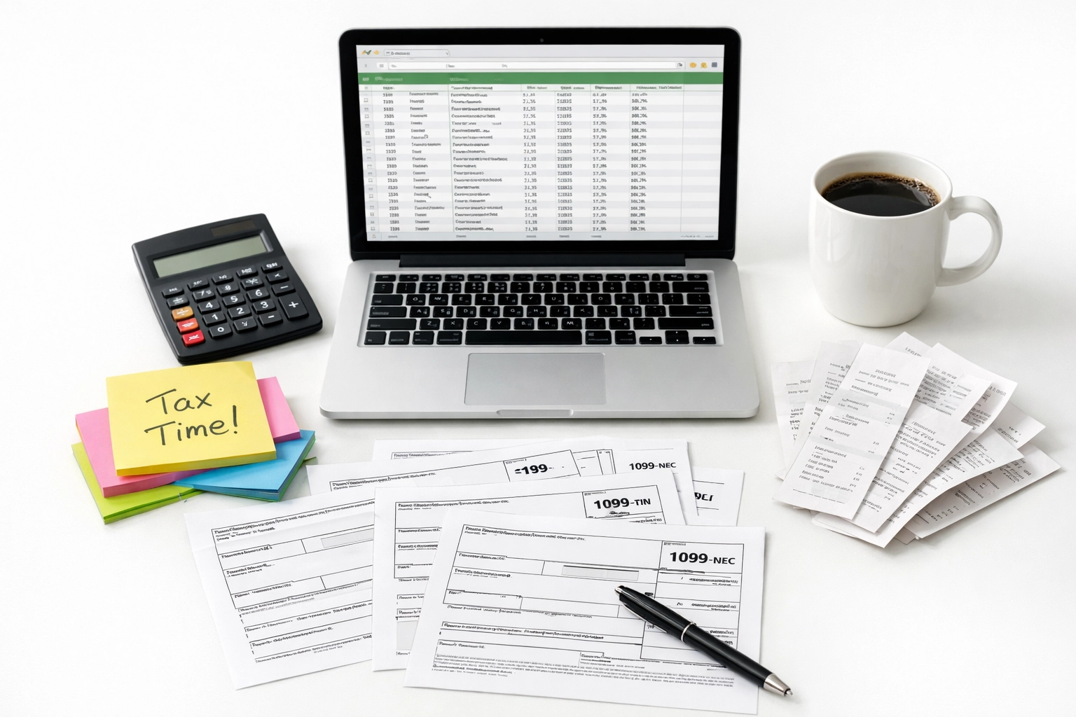 Organized desk with 1099 tax forms, calculator, and receipts for freelancer tax preparation