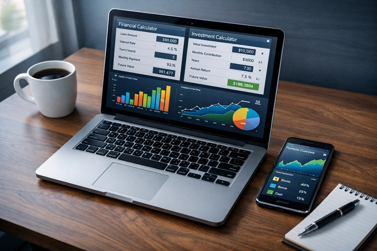 Financial calculator tools and portfolio tracking charts displayed on laptop for investment analysis