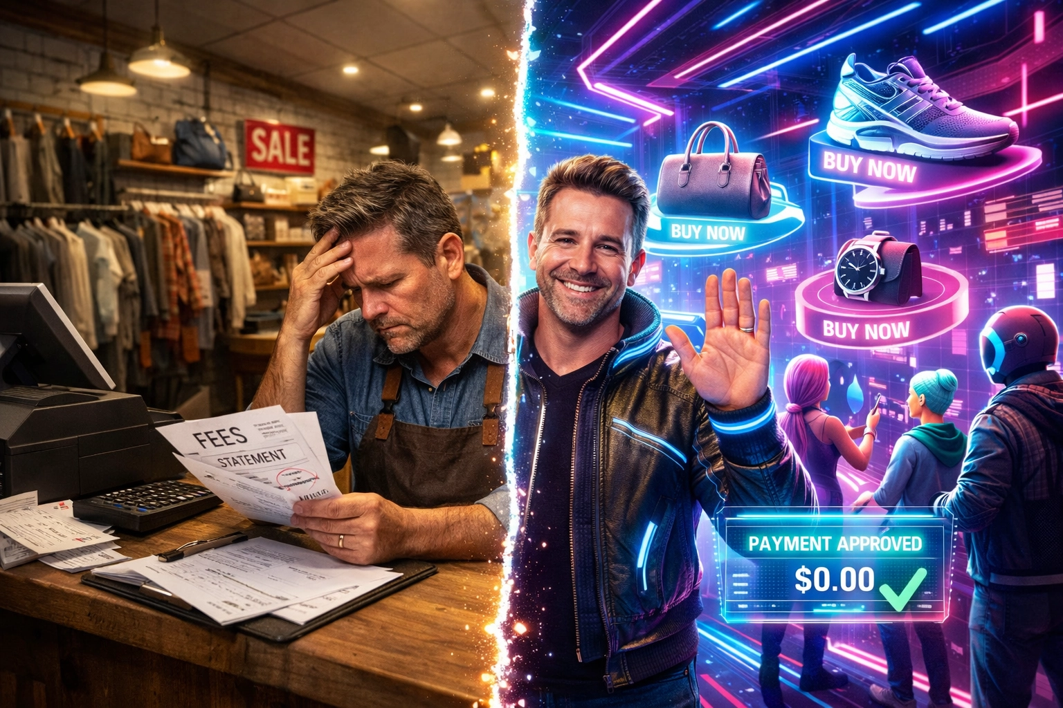 Physical retail store transforming into metaverse shopping environment with virtual customers